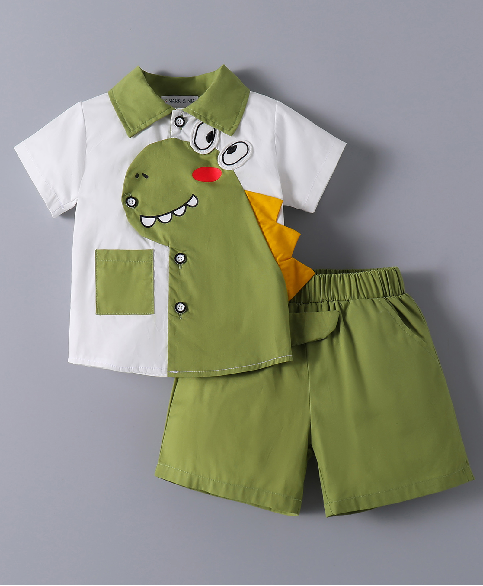 Mark & Mia 100% Cotton Half Sleeves Shirt & Shorts Set with Dino Applique - Green-picture-22