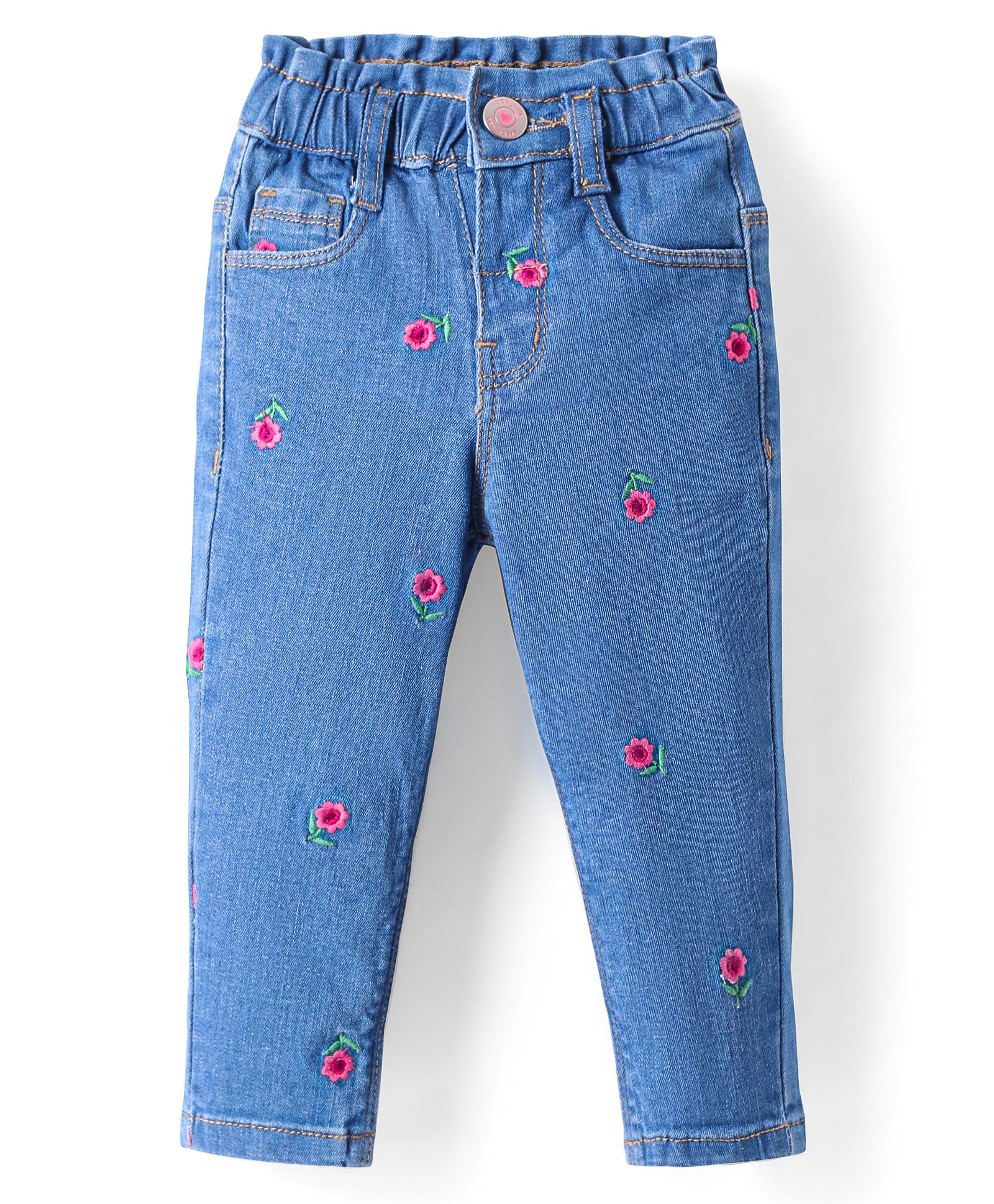 Babyhug Full Length Stretchable Denim Jeans with Floral Embroidery - Blue-image-7