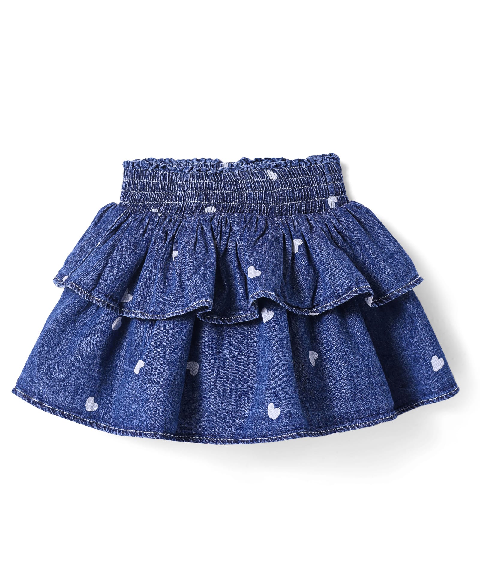 Babyhug Mid Thigh Frilled Denim Skirt With Heart Print - Blue-image-7