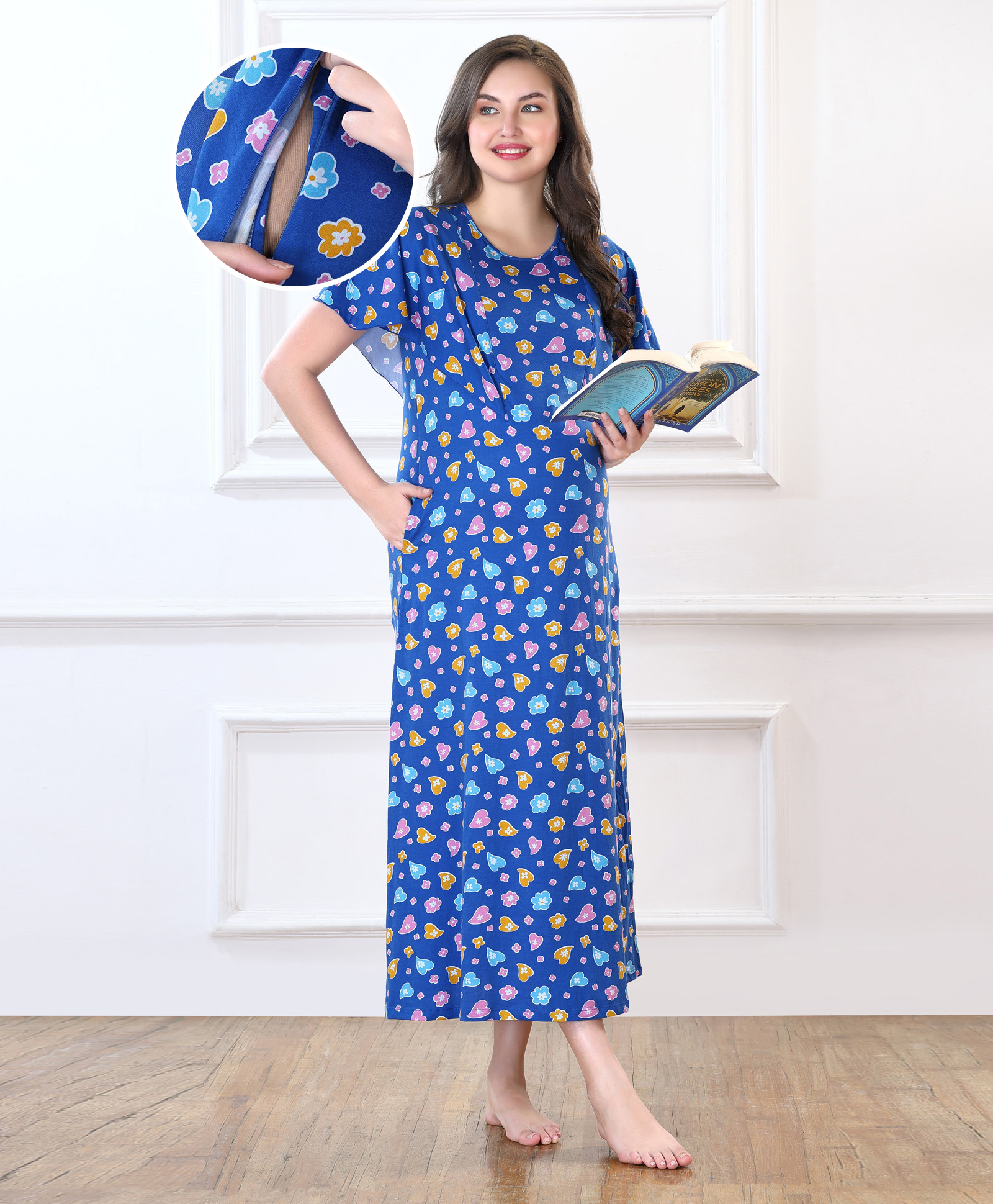 Bella Mama Cotton Knit Half Sleeves Heart & Floral Printed Maternity Nursing Nighty - Royal Blue-image-42