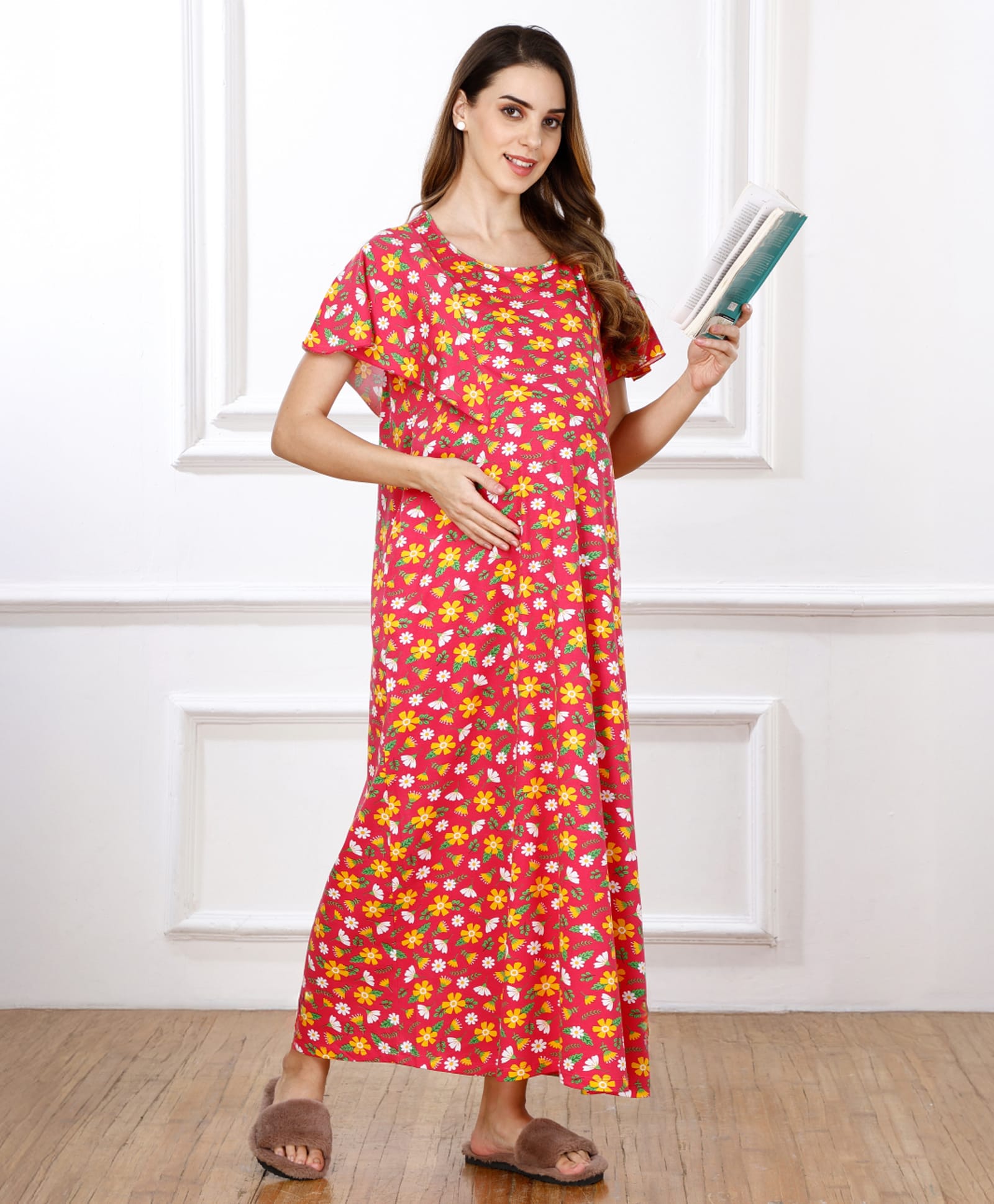 Bella Mama Cotton Knit Half Sleeves Floral Printed Maternity Nursing Nighty - Dark Pink