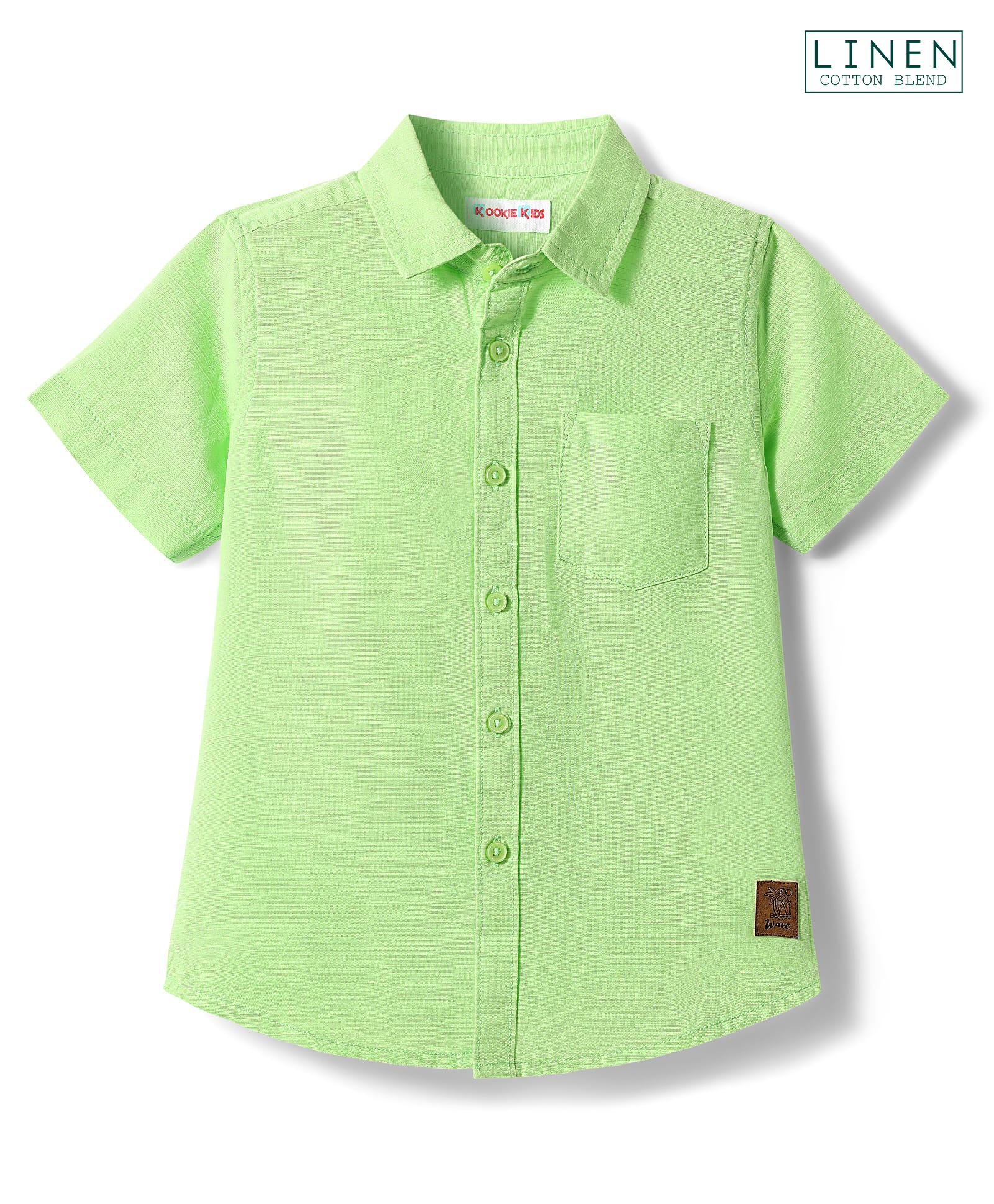 Kookie Kids Cotton Linen Woven Half Sleeves Slim Fit Solid Shirt with Badge - Light Green-image-7