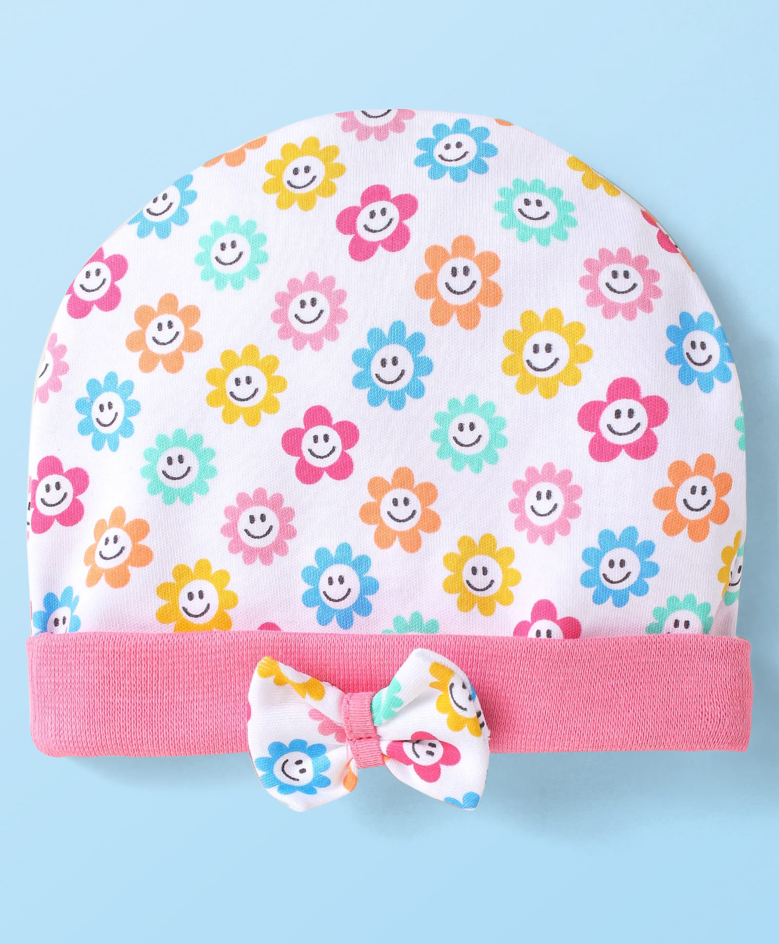 Babyhug 100% Cotton Knit Cap with Bow Applique & Floral Smiley Print White - Diameter 17 cm-image-12