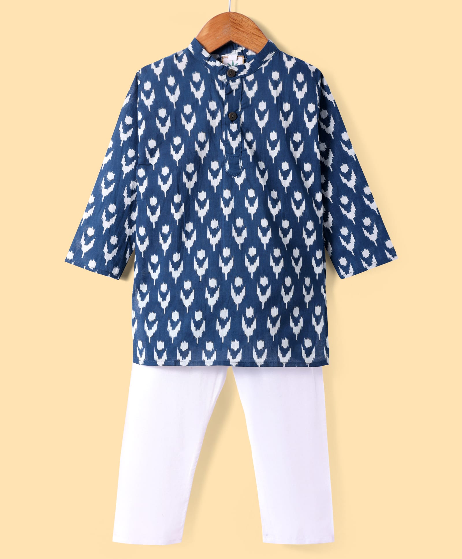 Teentaare Cotton Woven Full Sleeves Kurta Pyjama Set With Ikat Print - Navy Blue-image-43