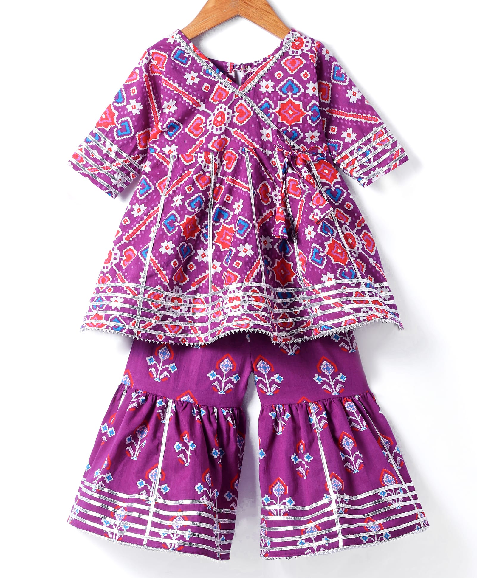Teentaare Cotton Woven Three Fourth Sleeves Kurta and Gharara Set with Ikkat Print & Lace Detailing - Purple-image-10