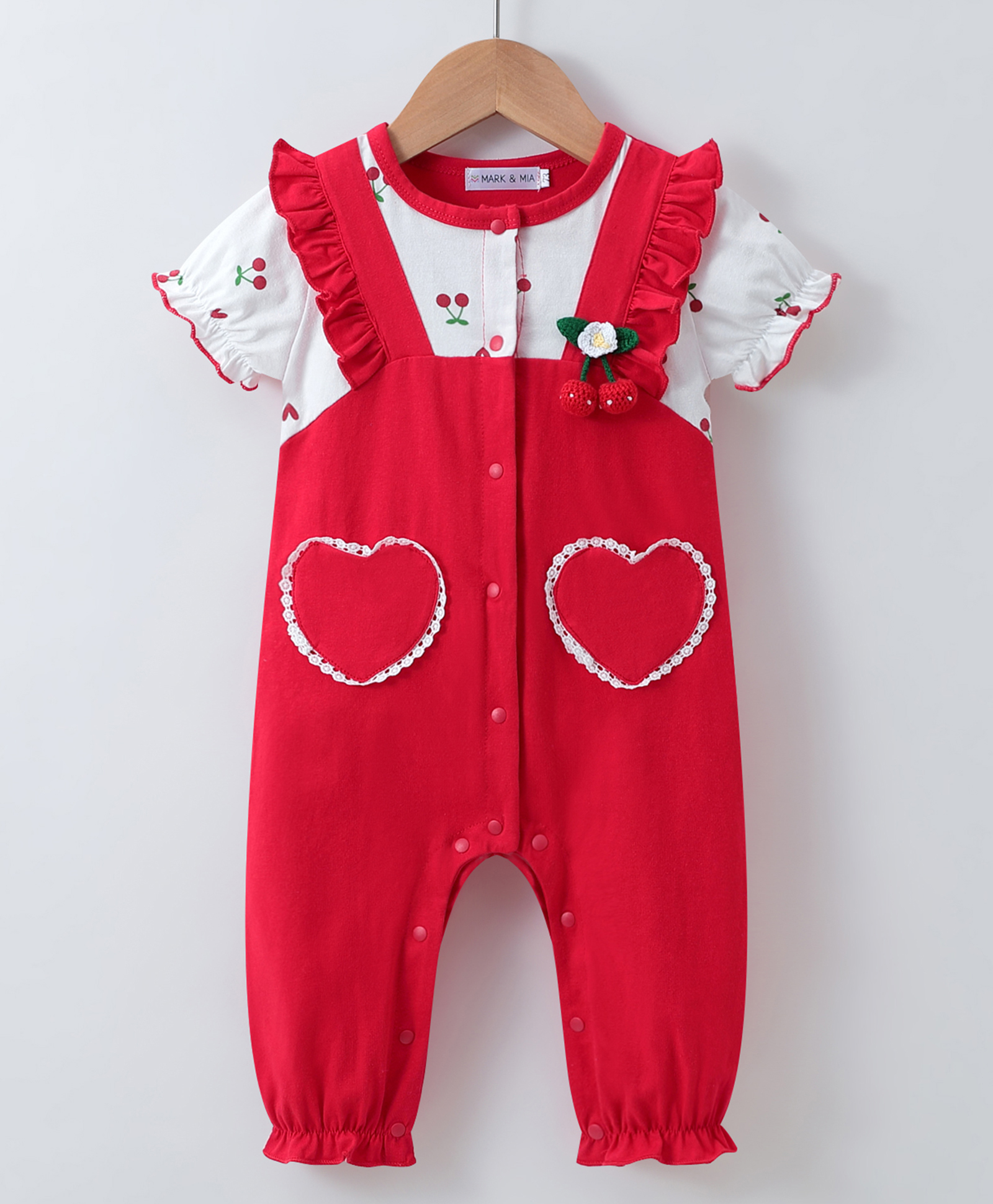 Mark & Mia Half Sleeves Cherry Printed Romper With Lace Detailing & Crochet Applique - Red-image-29