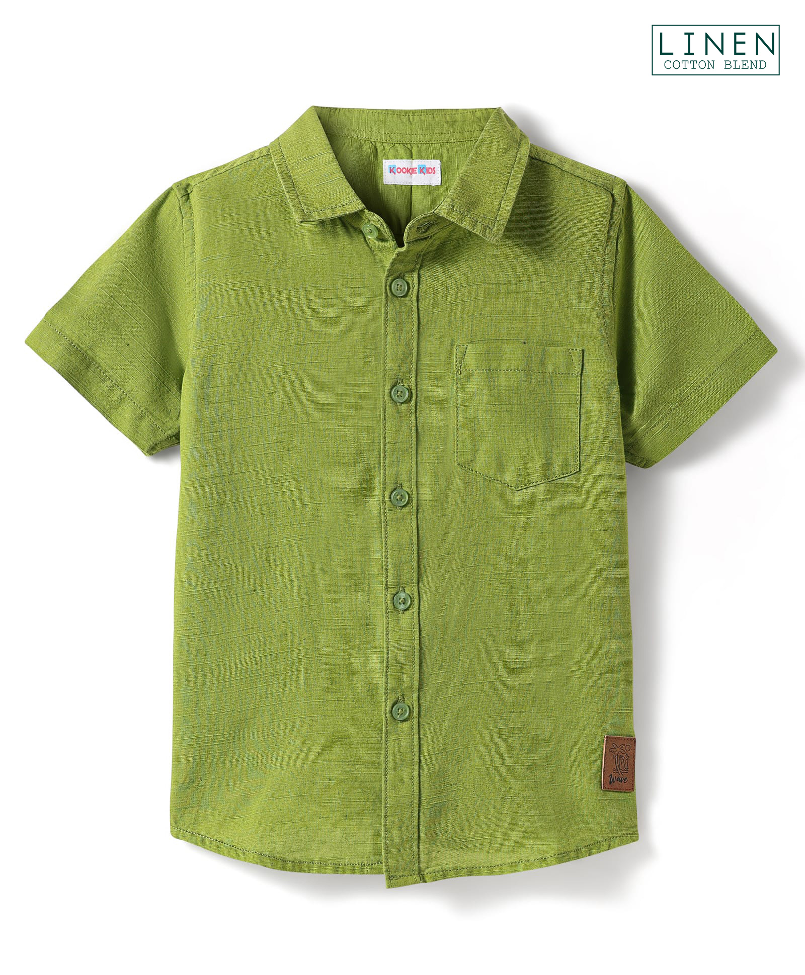Kookie Kids Cotton Linen Woven Half Sleeves Slim Fit Solid Shirt with badge - Lime Green-image-3