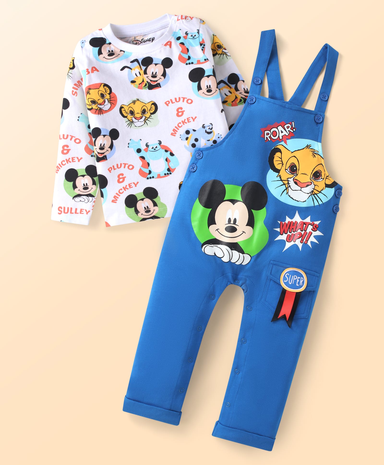 Babyhug Disney Single Jersey Knit Dungaree & Full Sleeves T-Shirt Set with Mickey Mouse Graphics - White & Blue-picture-13