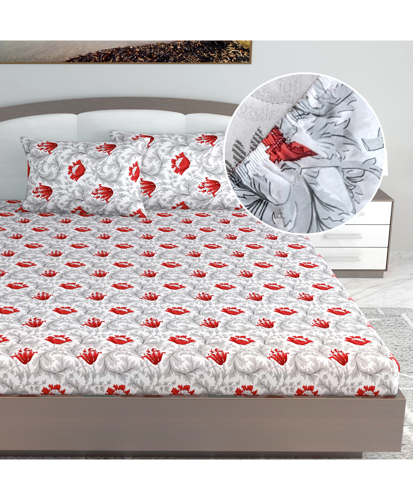 Divine Casa Floral Red & Grey Lightweight King Size Cotton Bedsheet with Elastic Fitted Corners (144 TC, 78 x 72 Inches)-picture-16