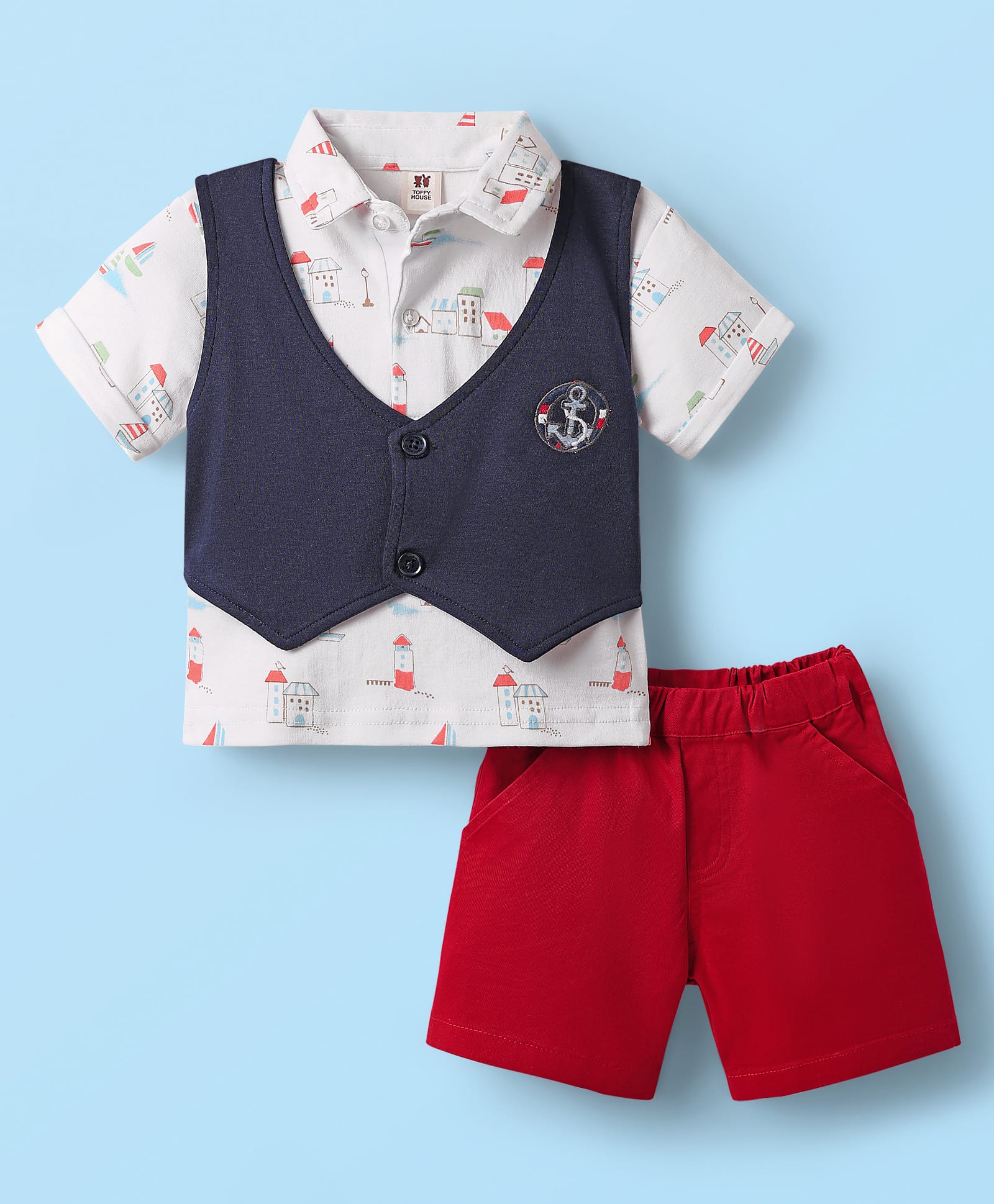 ToffyHouse Cotton Knit Half Sleeves Printed T-Shirt & Shorts Set With Attached Waistcoat - Navy Blue & Red-picture-0