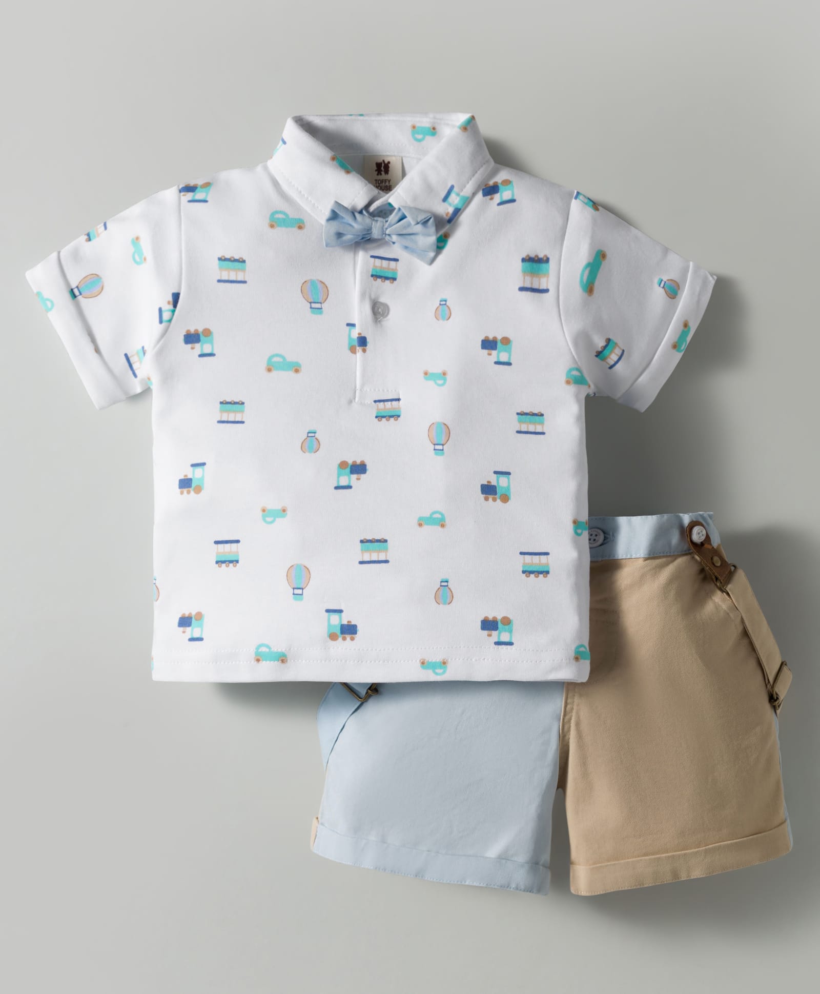 ToffyHouse Cotton Knit Half Sleeves Vehicle Printed Polo T-Shirt & Shorts Set with Bow & Suspender - Multicolor-picture-37
