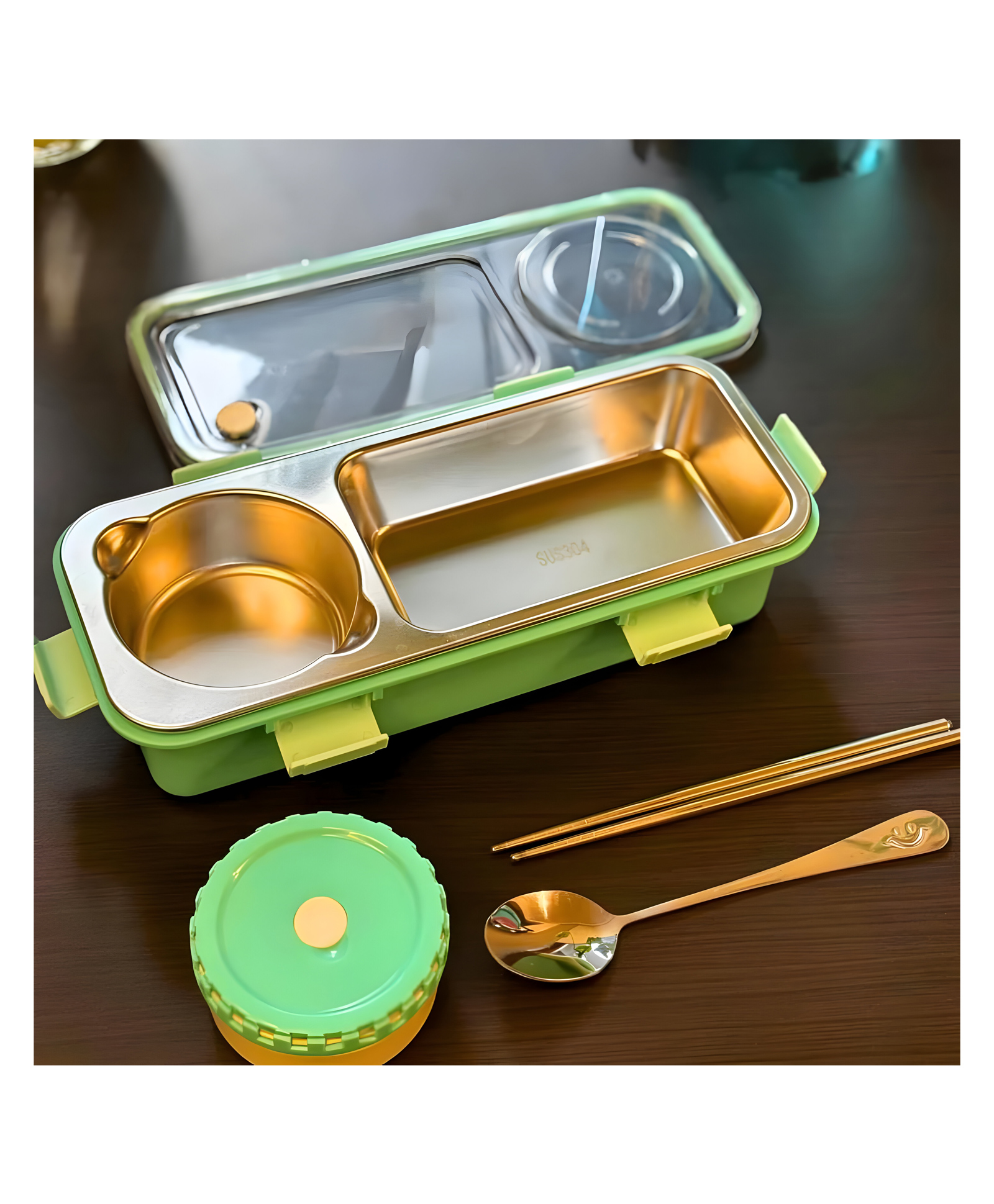 SCHOOLISH One Compartment Lunch Box 600ml + 150ml with Spoon and Chopstick + Bowl, 304 SUS Stainless Steel Bento Box for Office and School- PACK OF 1- COLOR MAY VARY