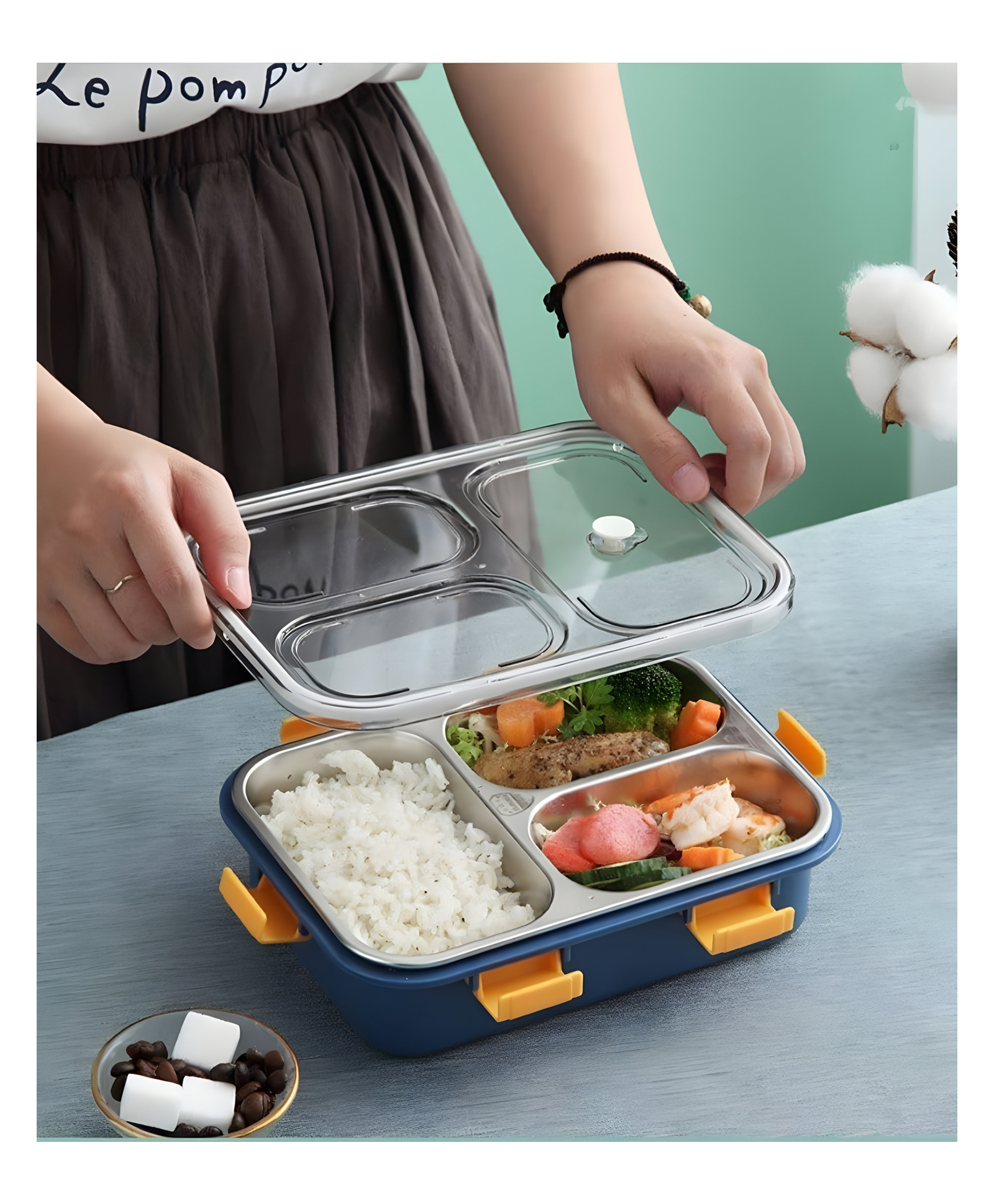 SCHOOLISH 3 Compartment Student 680ML Lunch Box Sealed Leakproof Stainless Steel Hot Case Tiffin Box with Fork, Chopstick & Spoon Lid Office Food Container for School Kids and Adults- PACK OF 1- COLOR MAY VARY-image-28