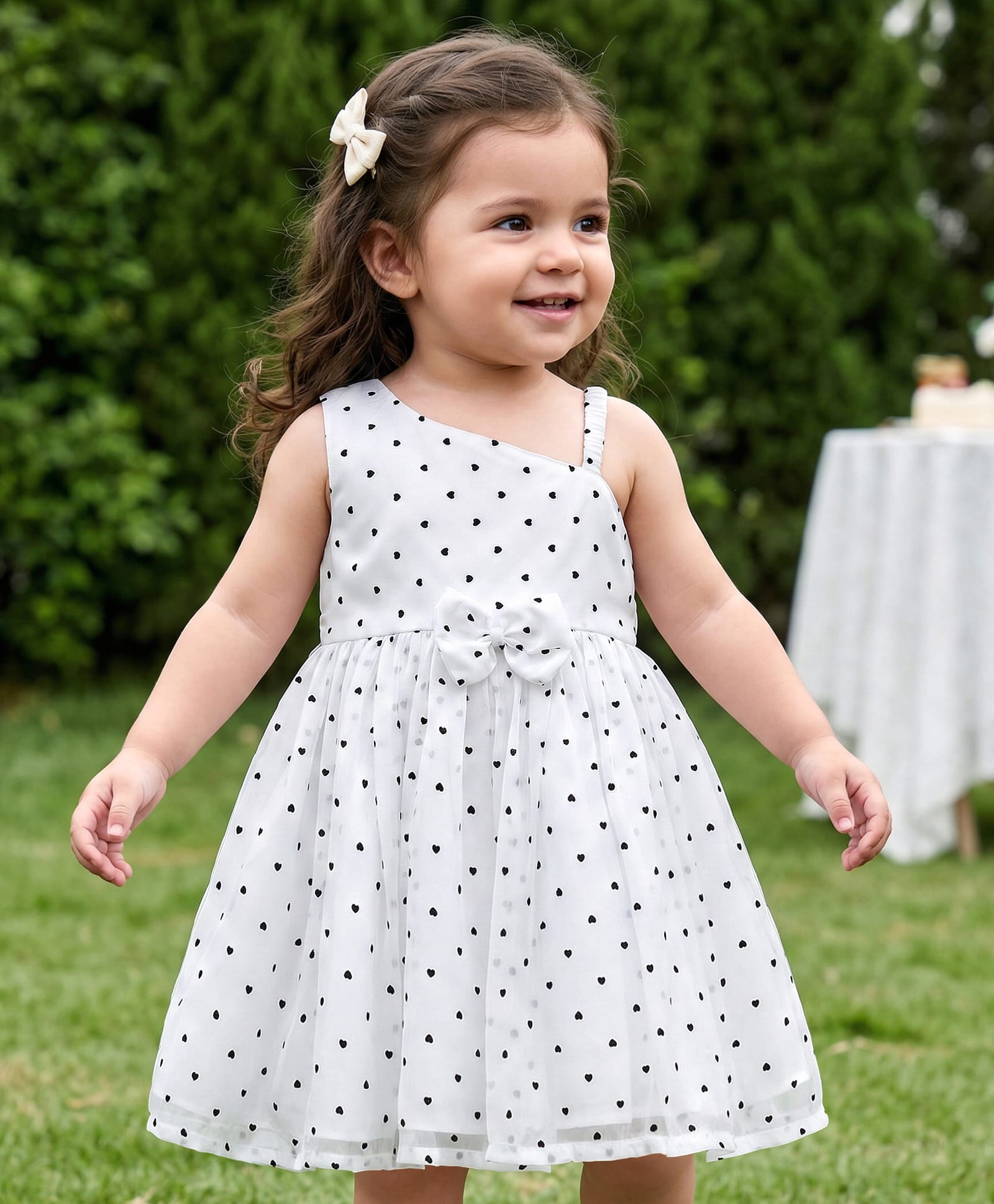 Babyhug Woven Sleeveless Party Dress With Heart Print & Bow Applique - White-image-31