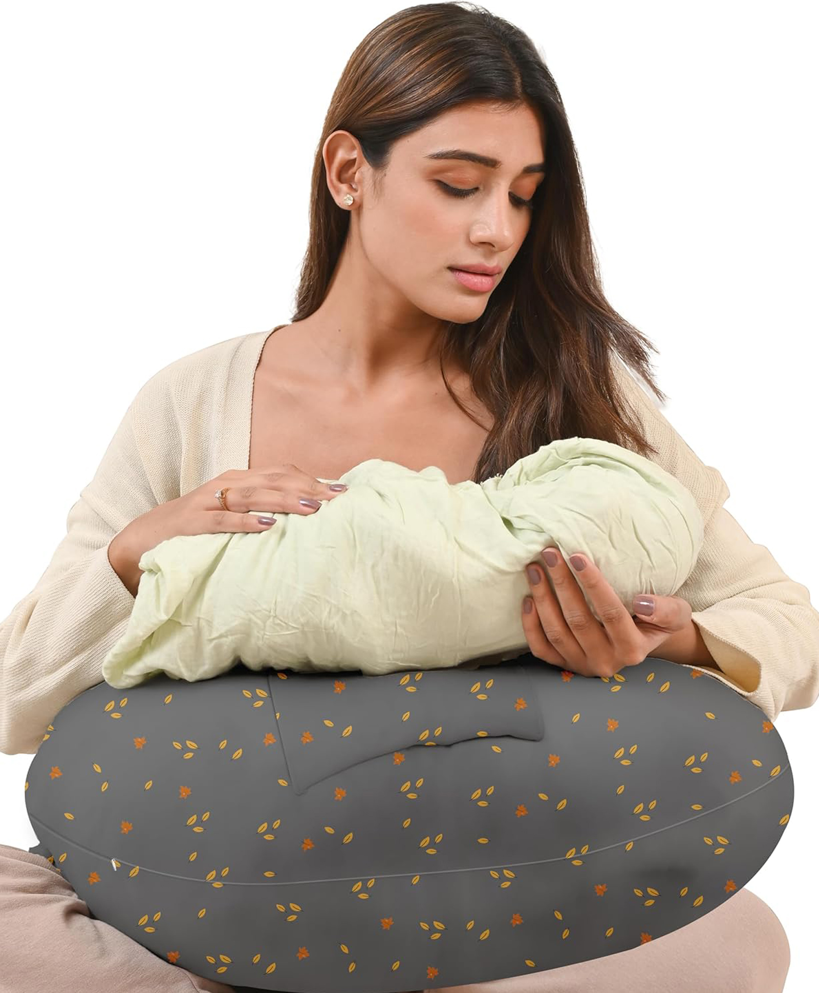 CHERILO Feeding Pillow for New Born Baby, Nursing Pillow for Breastfeeding or Baby Support with - Grey Leaf-picture-36