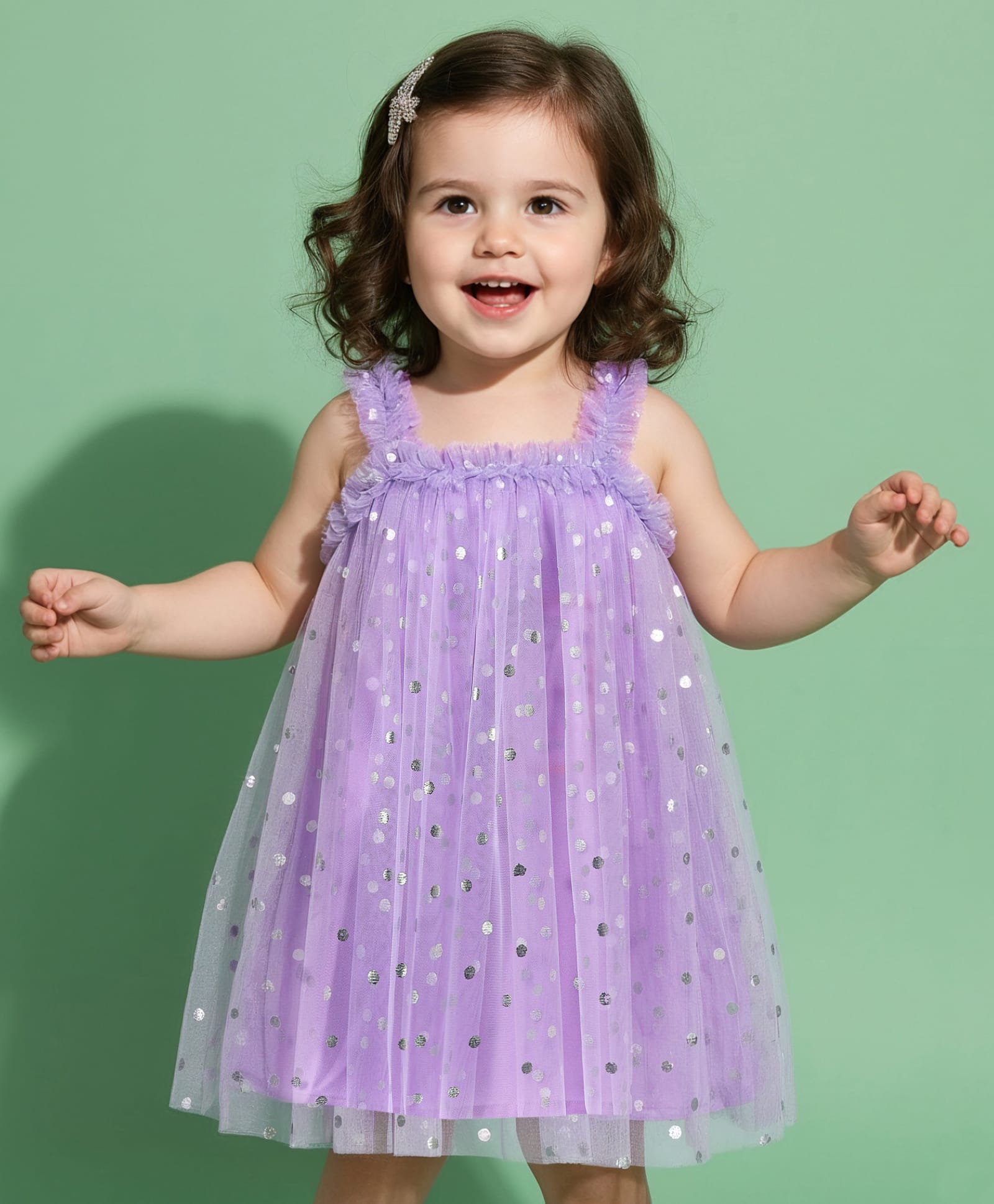Babyhug Woven Sleeveless Party Mesh Dress With Foil Polka Dot Print - Lilac-picture-17