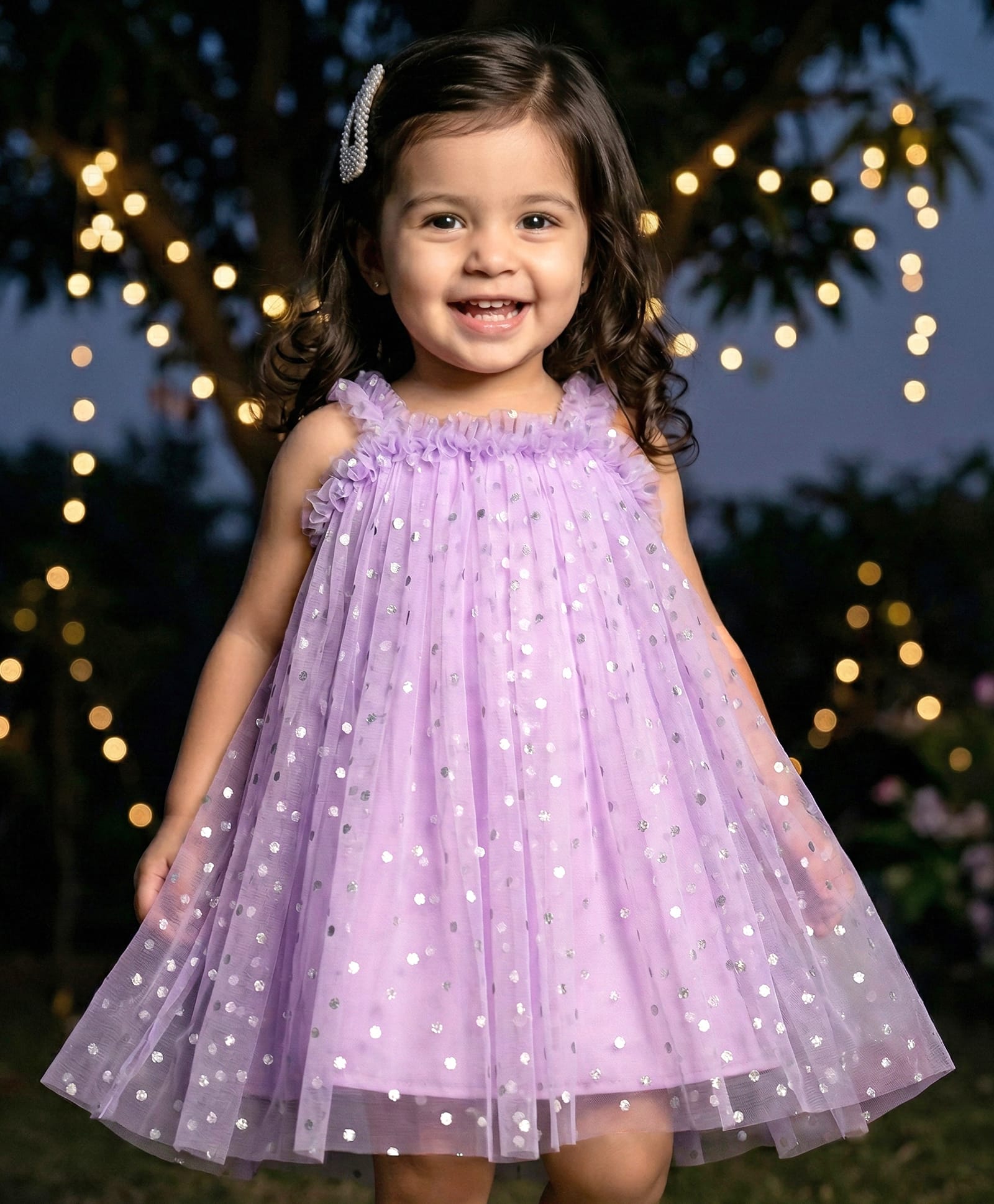 Babyhug Woven Sleeveless Mesh Party Dress With Silver Foil Polka Dot Print - Lavender-image-24