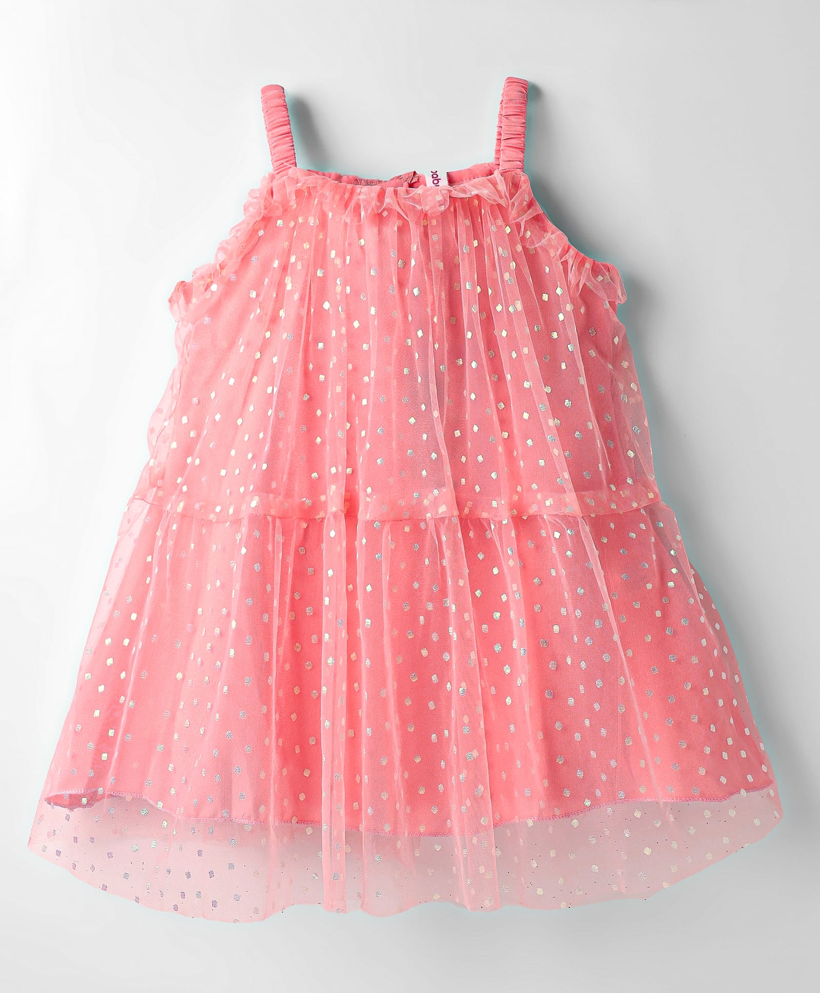 Babyhug Woven Sleeveless Mesh Party Dress With Silver Foil Print - Peach-picture-24