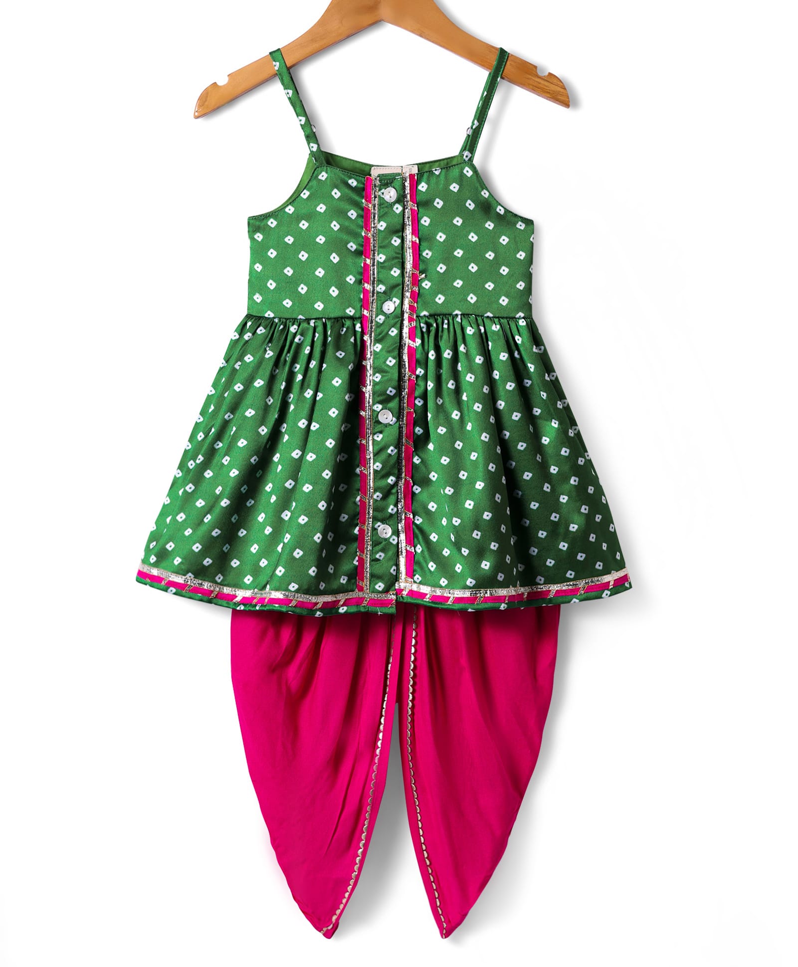 Saka Designs Cotton Woven Sleeveless Bandhani Printed Indo Western Sets - Green & Dark Pink-image-6