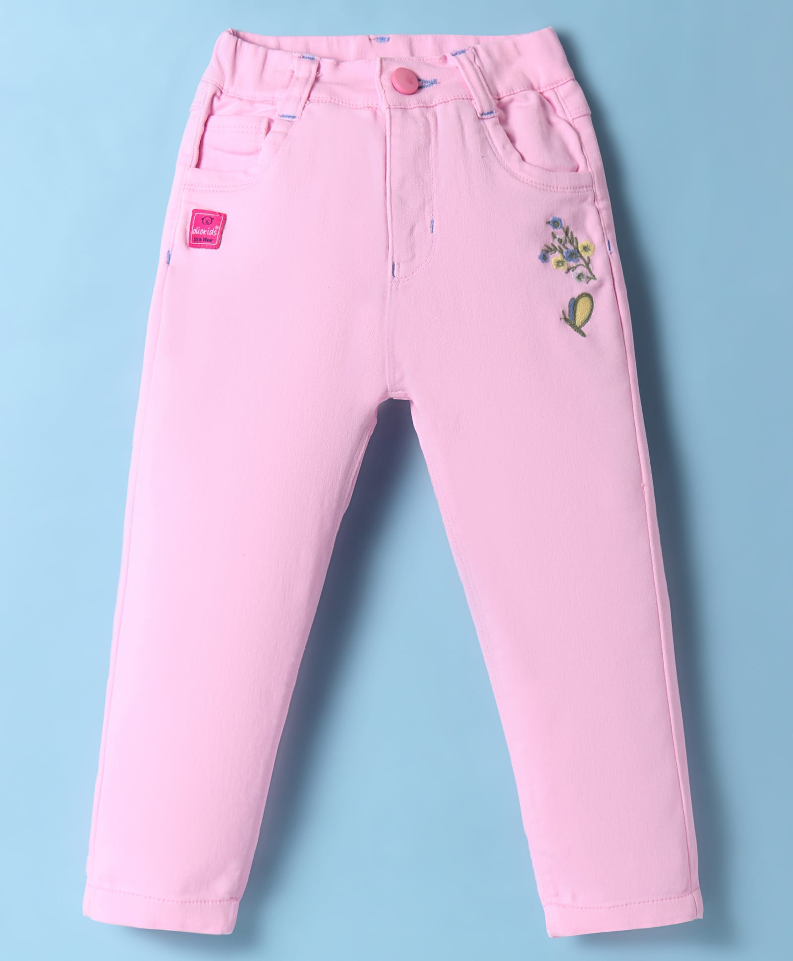 Olio Kids Cotton Woven Full Length Solid Color Trouser with Floral & Butterfly Embroidery - Pink-picture-11