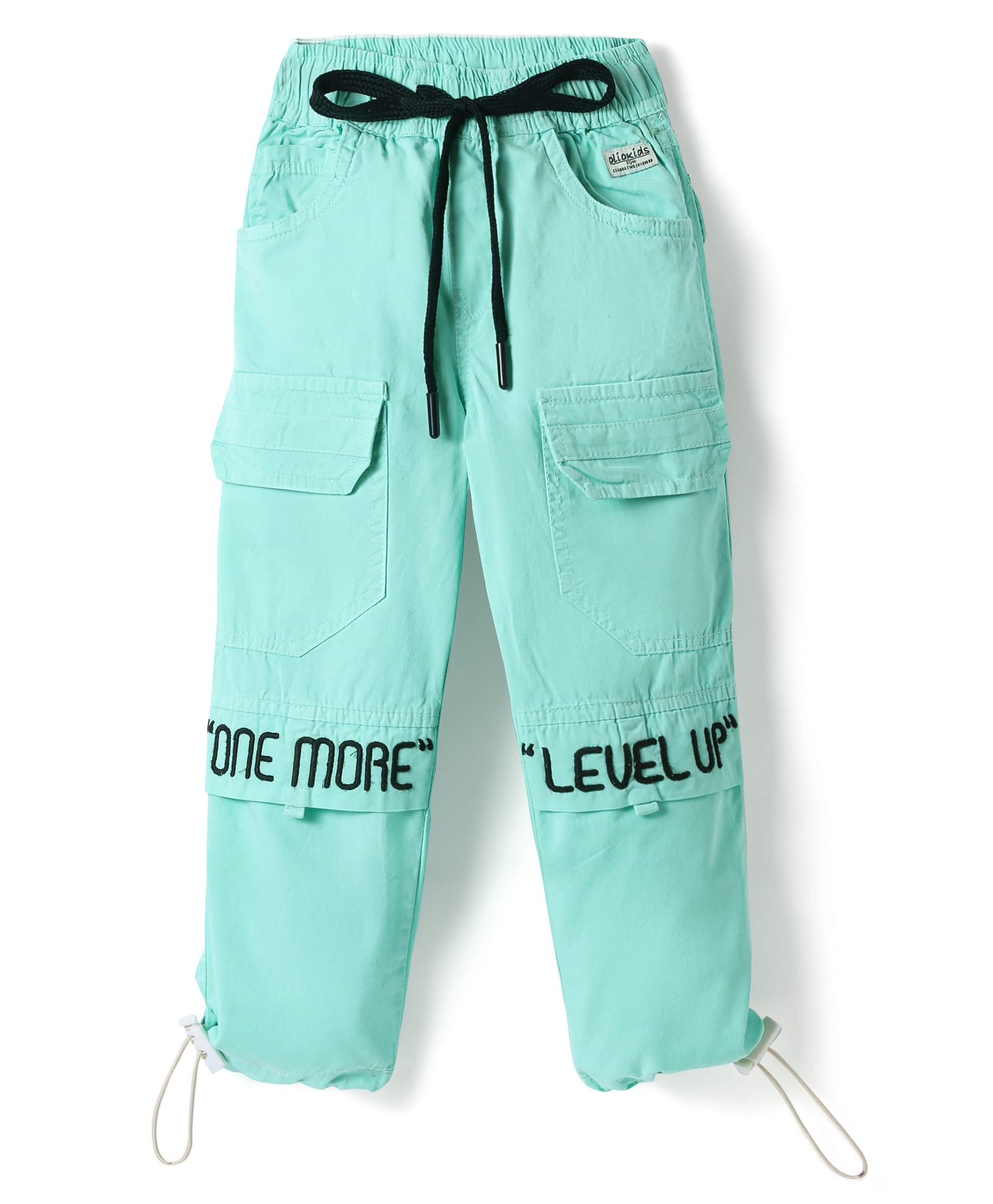 Olio Kids Cotton Woven Full Length Trouser With Text Embroidery - Aqua Blue-picture-19