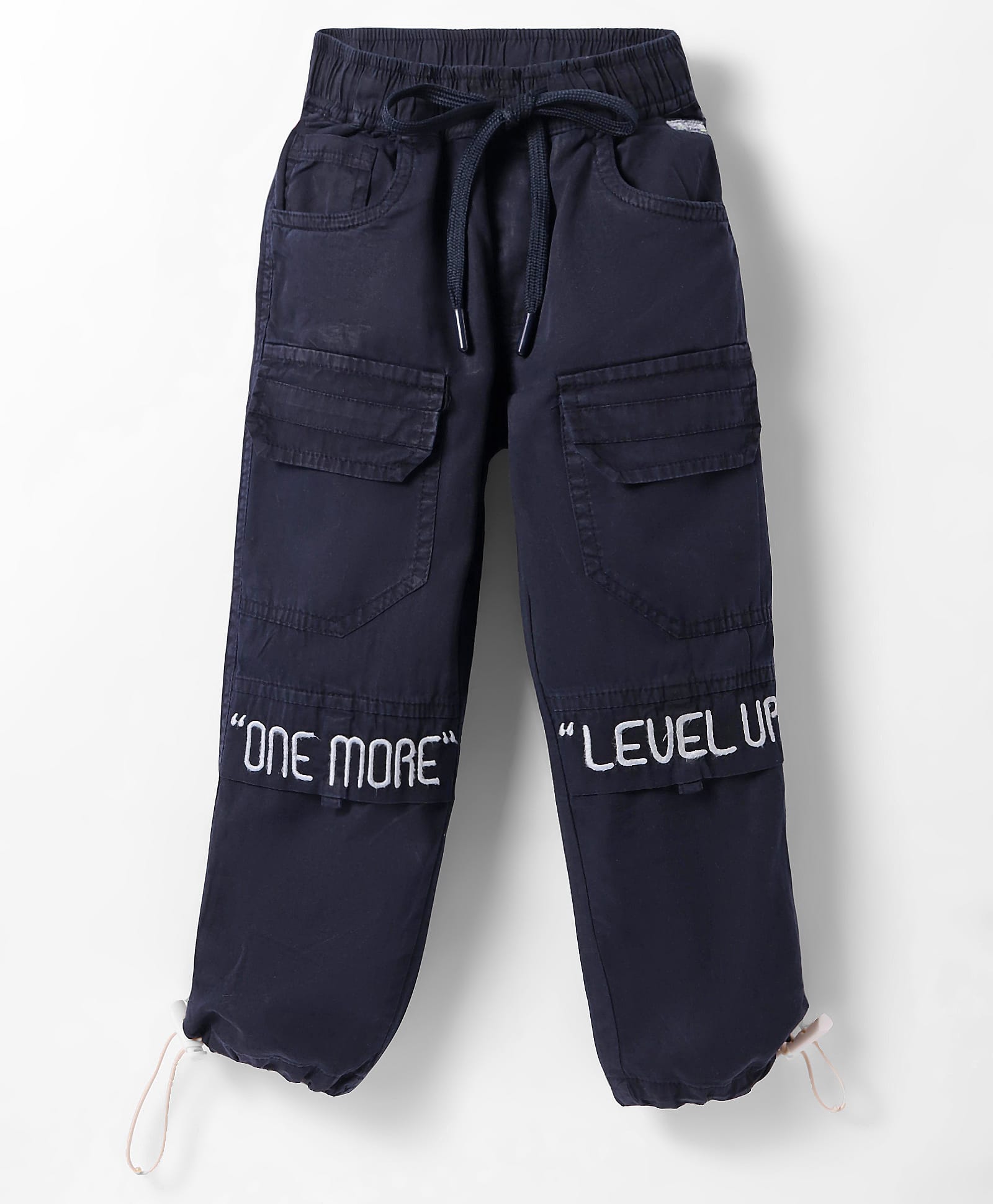 Olio Kids Cotton Woven Full Length Trouser With Text Embroidery - Navy Blue-picture-23