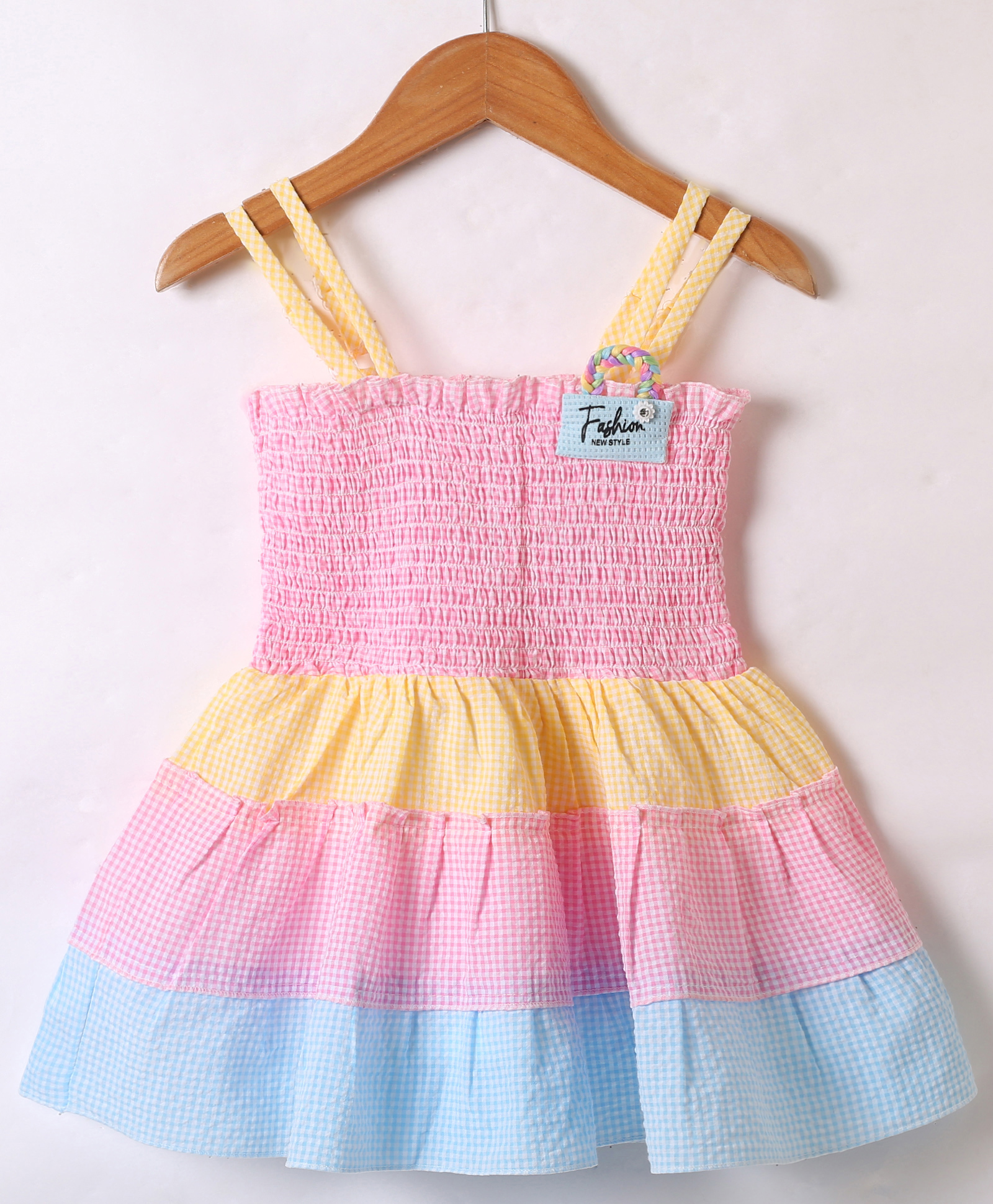 Dew Drops Cotton Woven Sleeveless Checks Frock With Smocked Yoke & Floral Applique - Blue-image-44