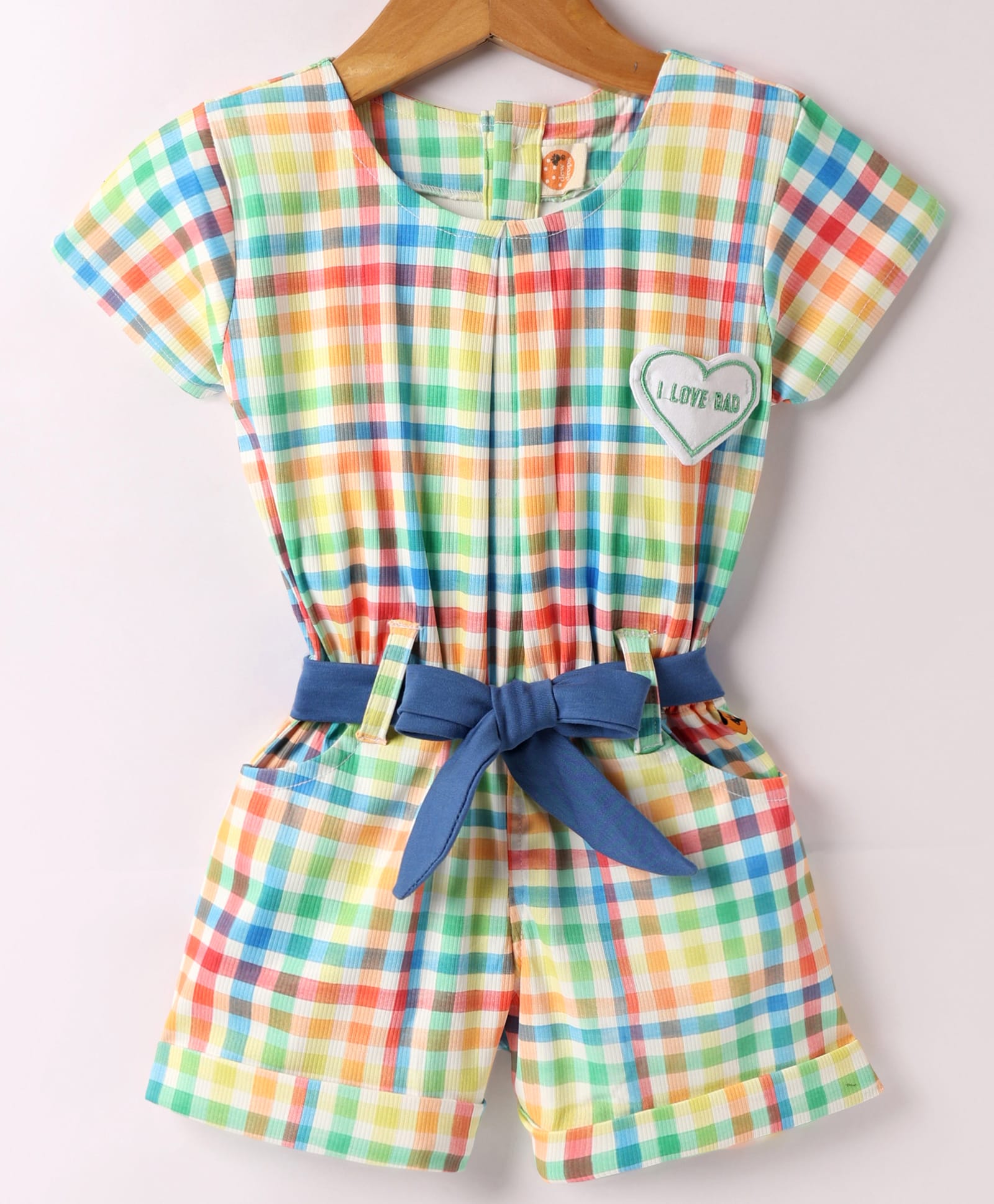 Dew Drops Poplin Woven Half Sleeves Checks Jumpsuit & Belt - White & Blue-image-35
