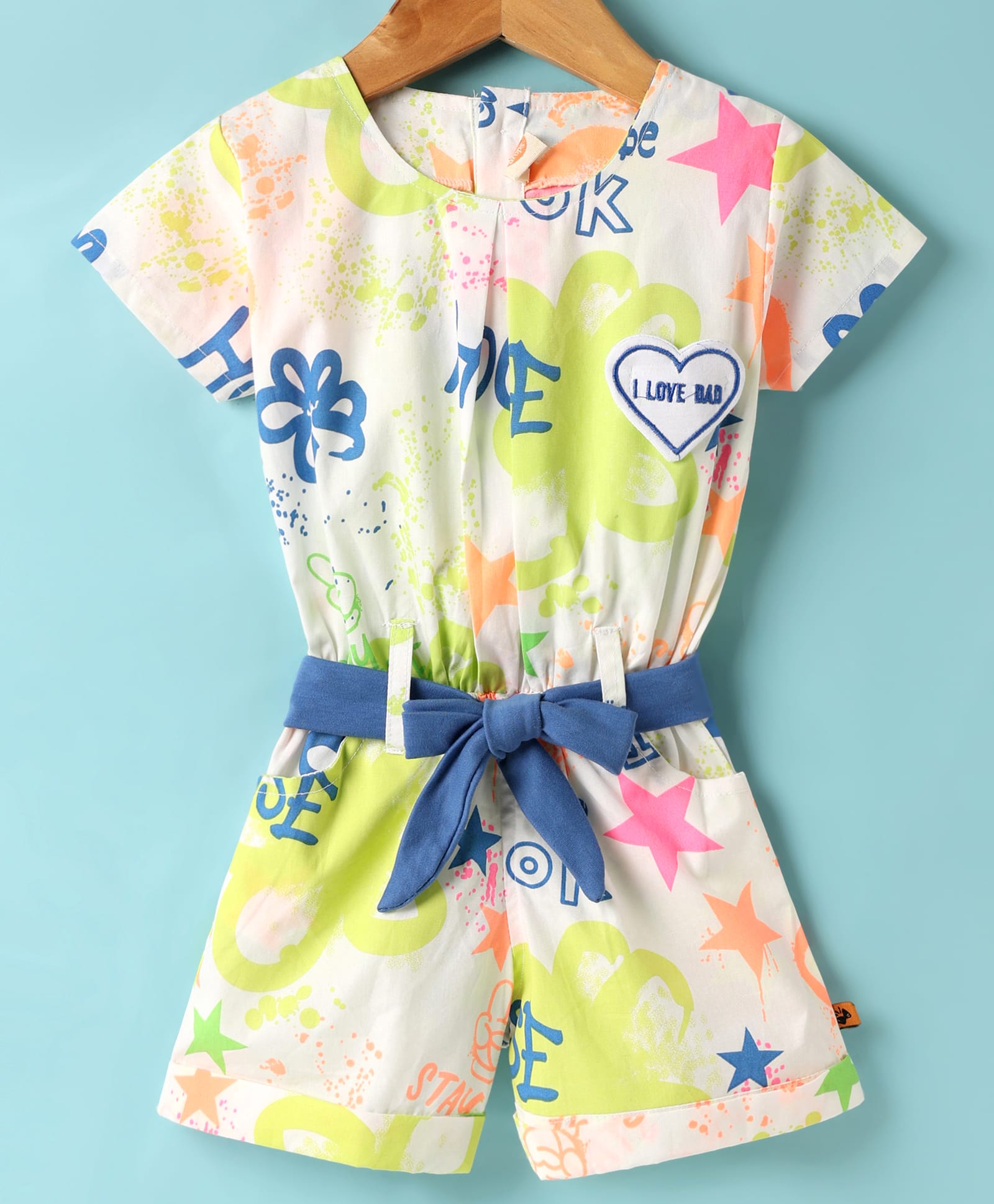 Dew Drops Poplin Woven Half Sleeves Text Printed Jumpsuit with Hearts Patch & Fabric Belt - White-picture-15