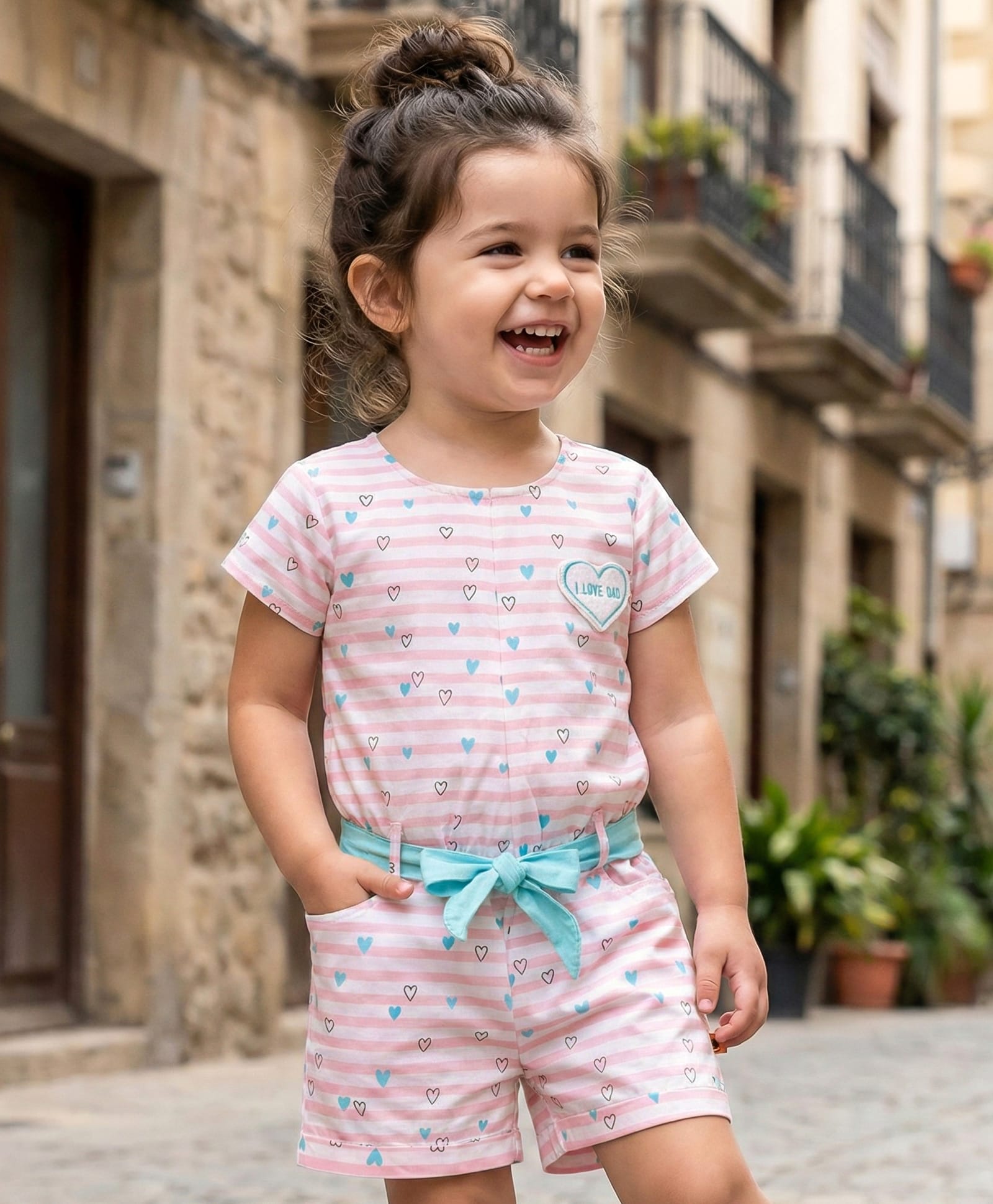 Dew Drops Poplin Woven Half Sleeves Striped Jumpsuit with Hearts Print Patch & Fabric Belt - Pink-image-40