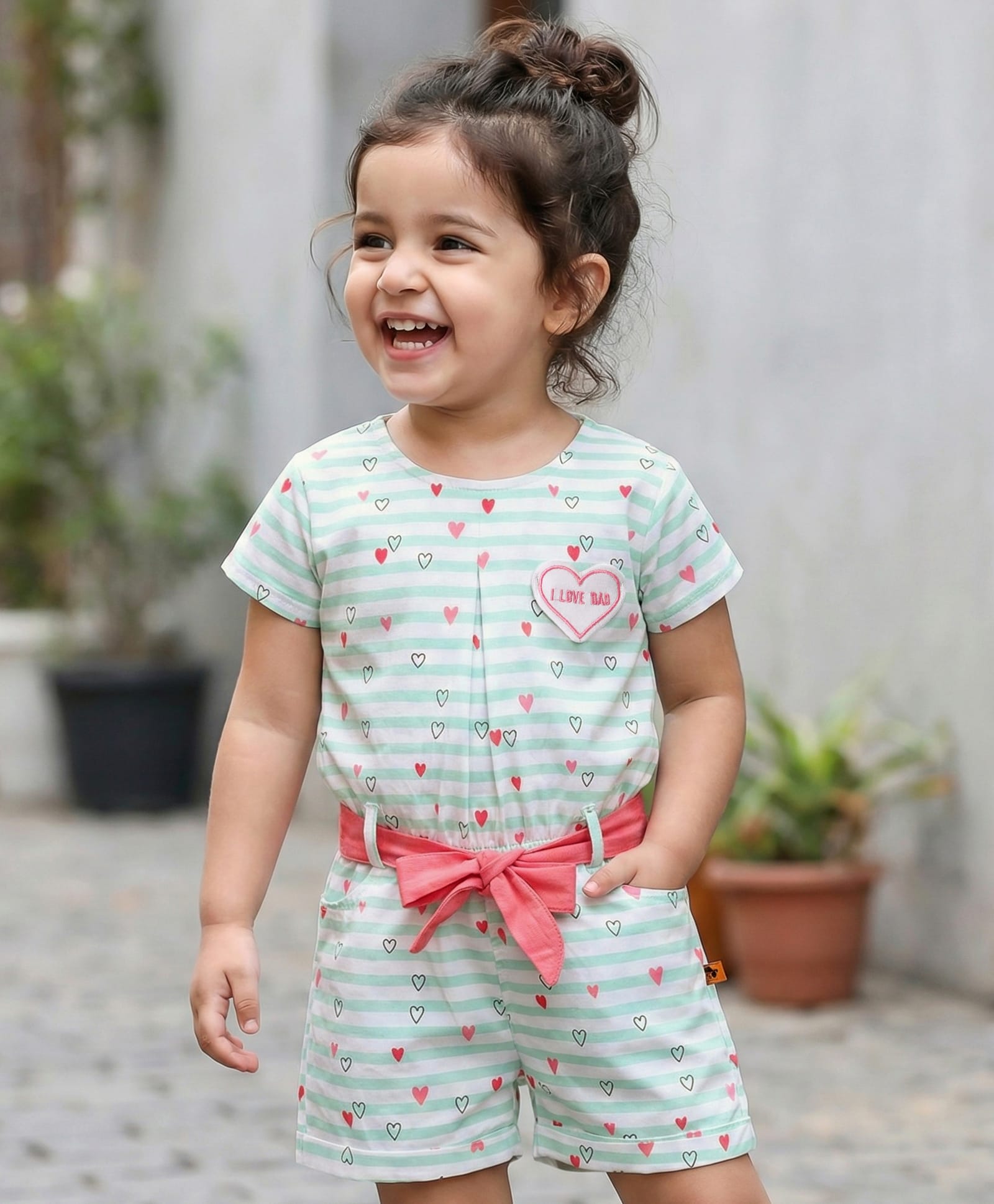 Dew Drops Poplin Woven Half Sleeves Striped Jumpsuit with Hearts Print Patch & Fabric Belt - Aqua Blue-image-43