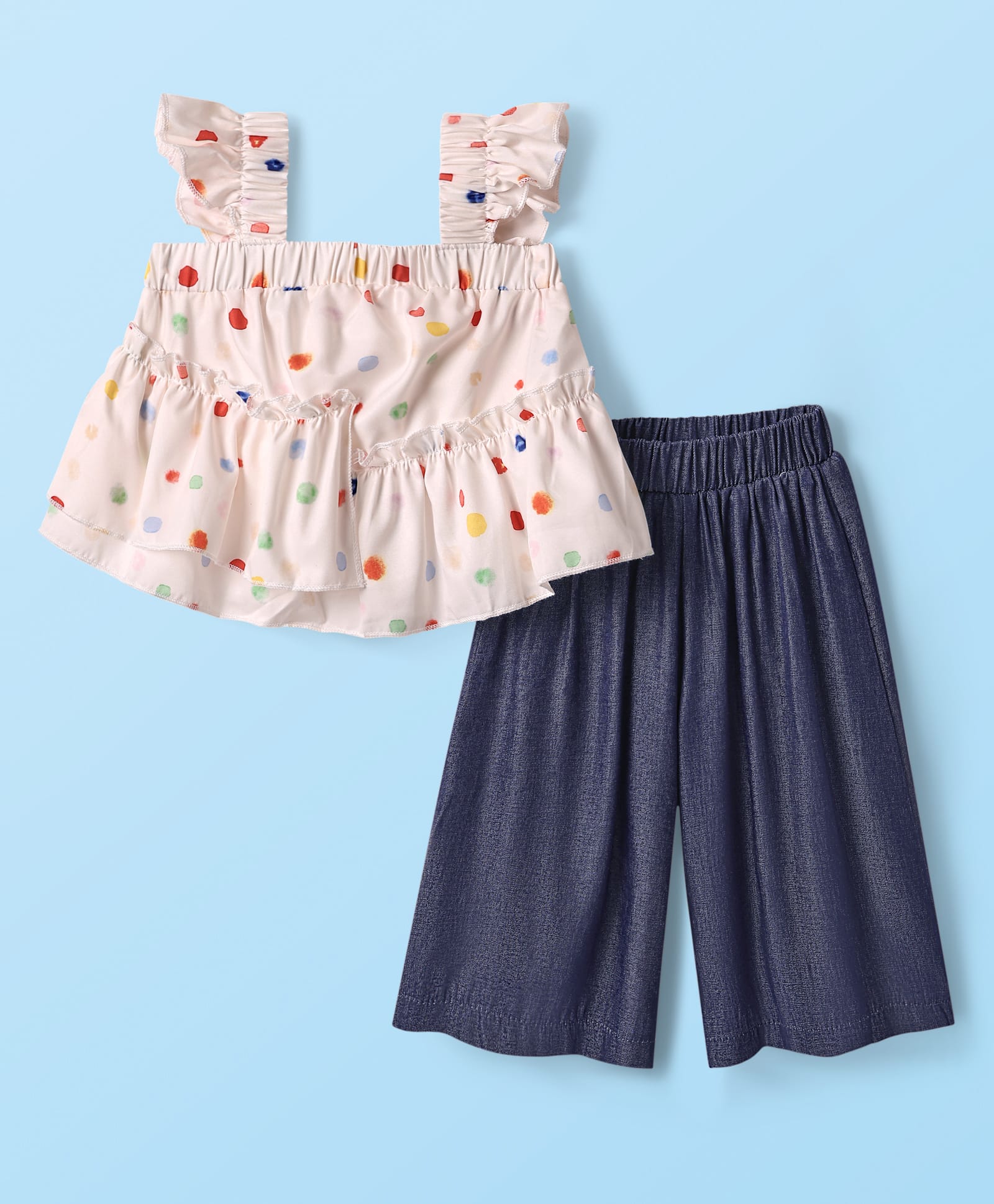 Mark & Mia Frill Sleeves Polka Dots Printed Top & Culottes Set - Beige & Navy Blue-image-26