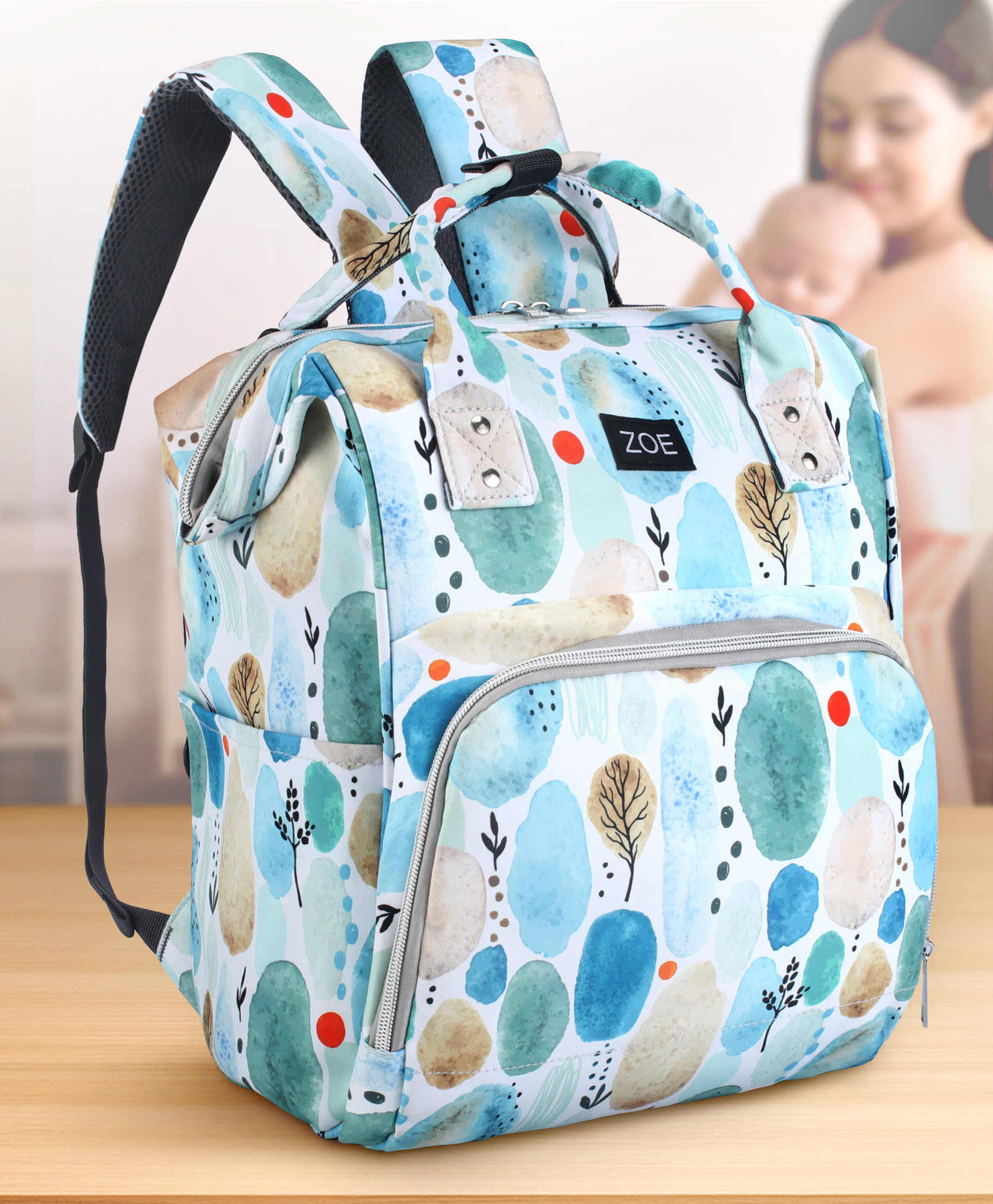 Zoe Multi-storage Diaper Backpack with Abstract Print Travel Friendly - Light Blue-image-26