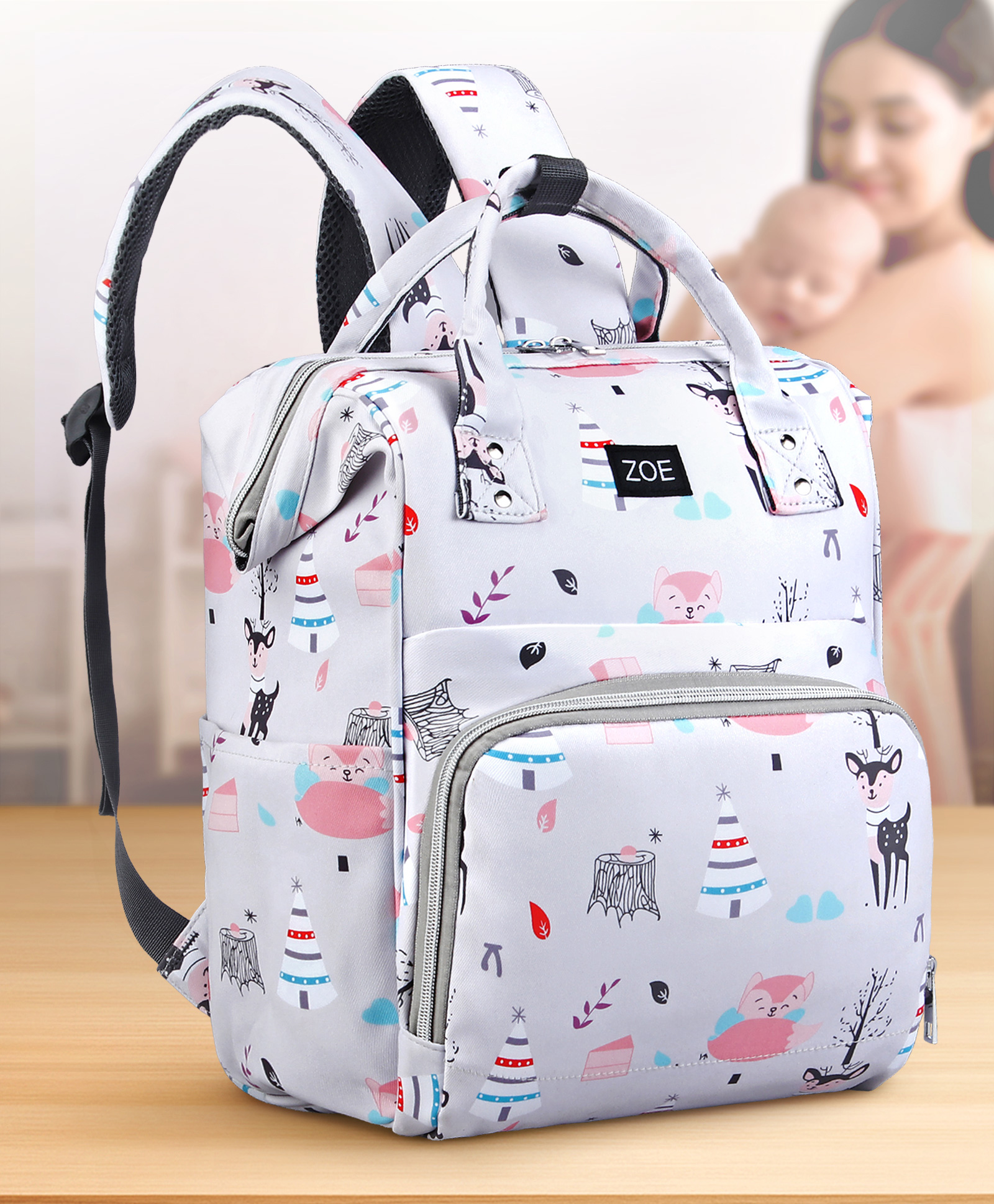 Zoe Multi-storage Diaper Backpack with Animal Print Travel Friendly - White-picture-18
