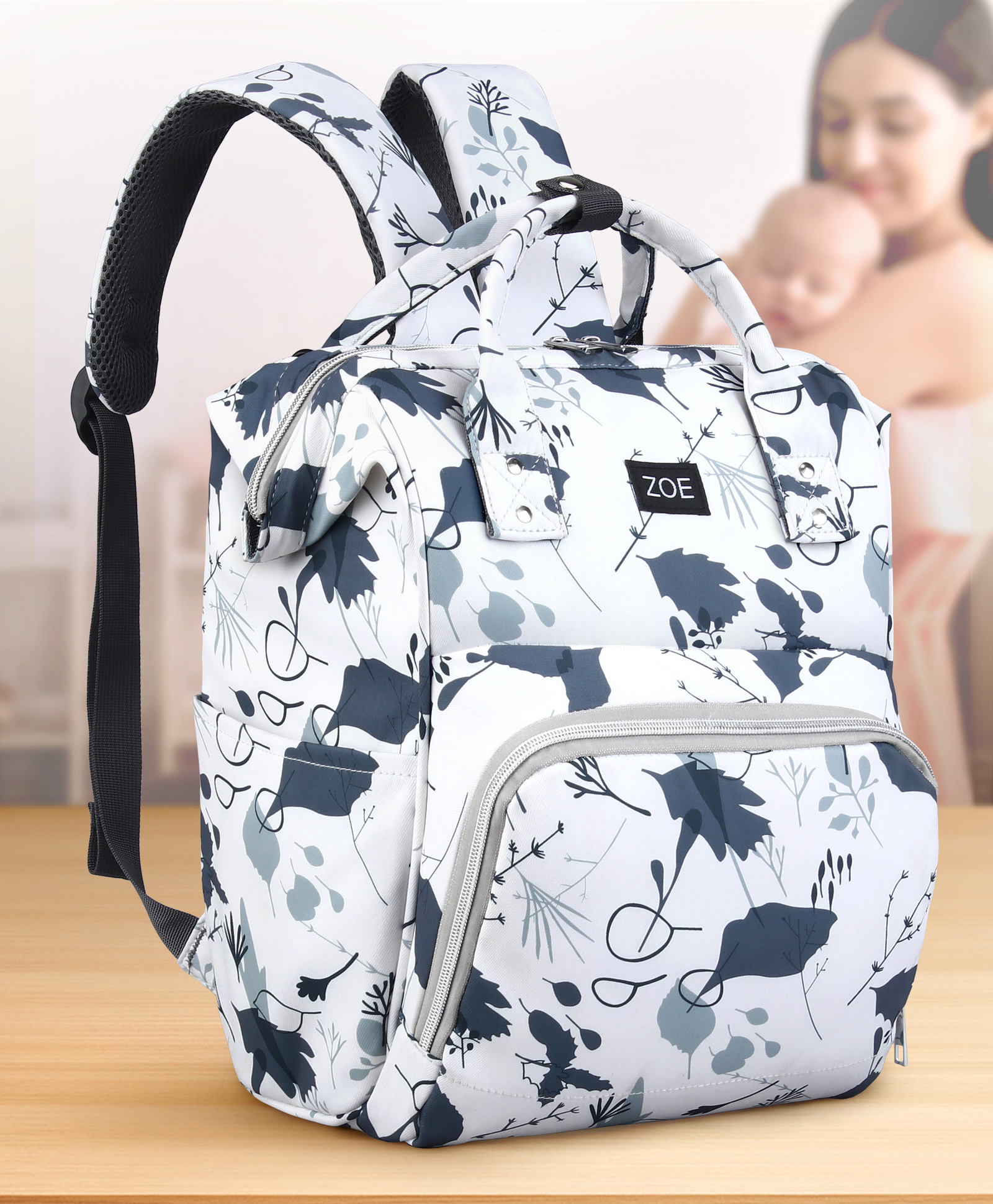 Zoe Multi-storage Diaper Backpack with Leaf Print Travel Friendly - White & Black-image-12