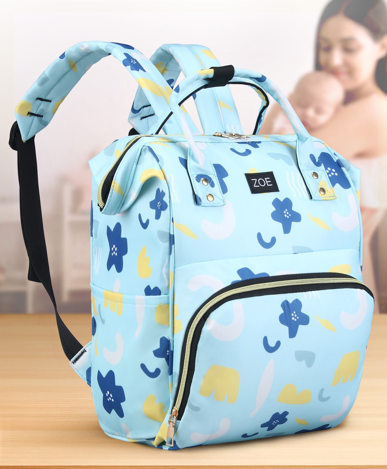 Zoe Multi-storage Diaper Backpack with Abstract Print Travel Friendly - Light Blue-picture-18