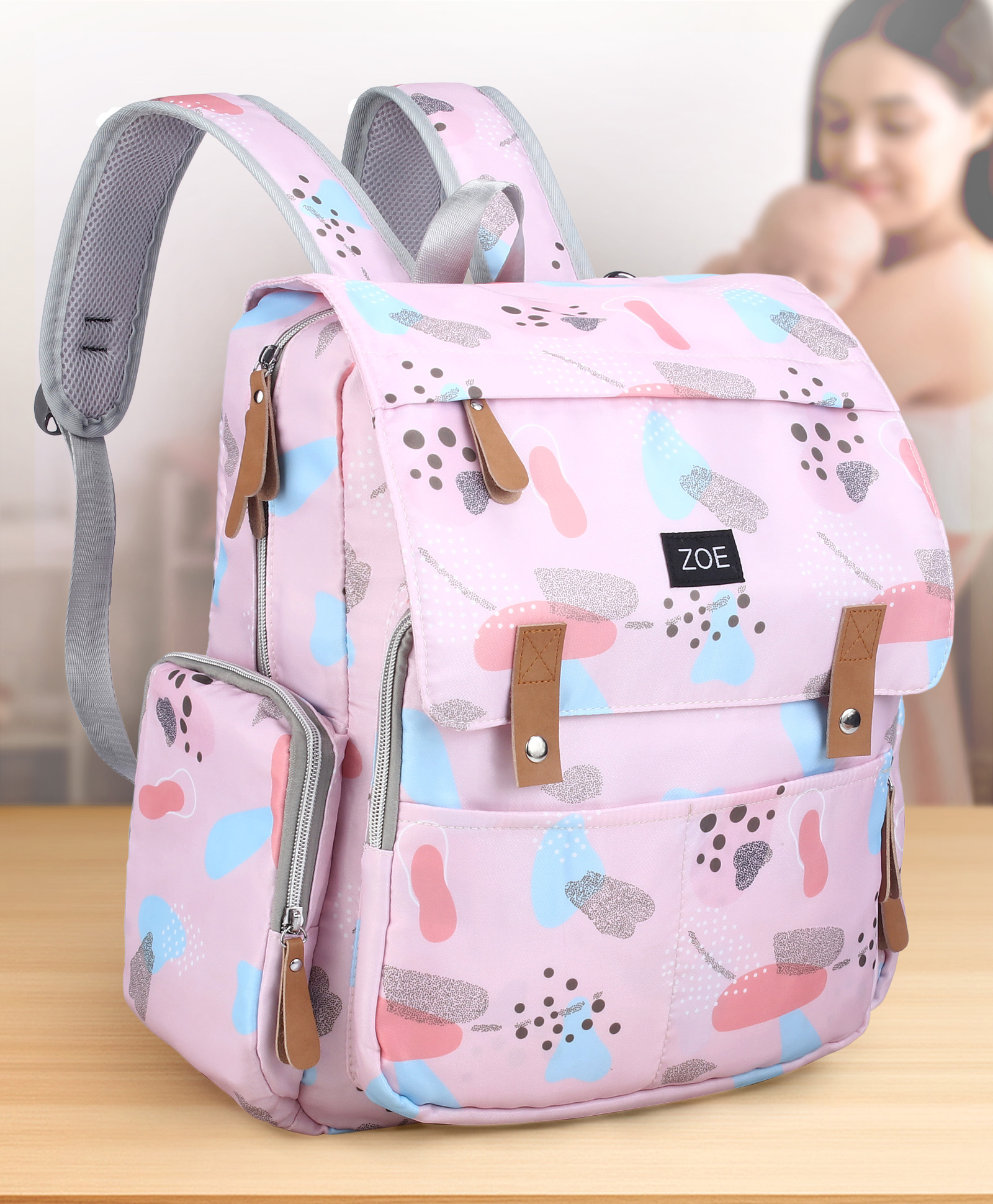 Zoe Multi-storage Diaper Backpack with Abstract Print Travel Friendly - Pink-image-13