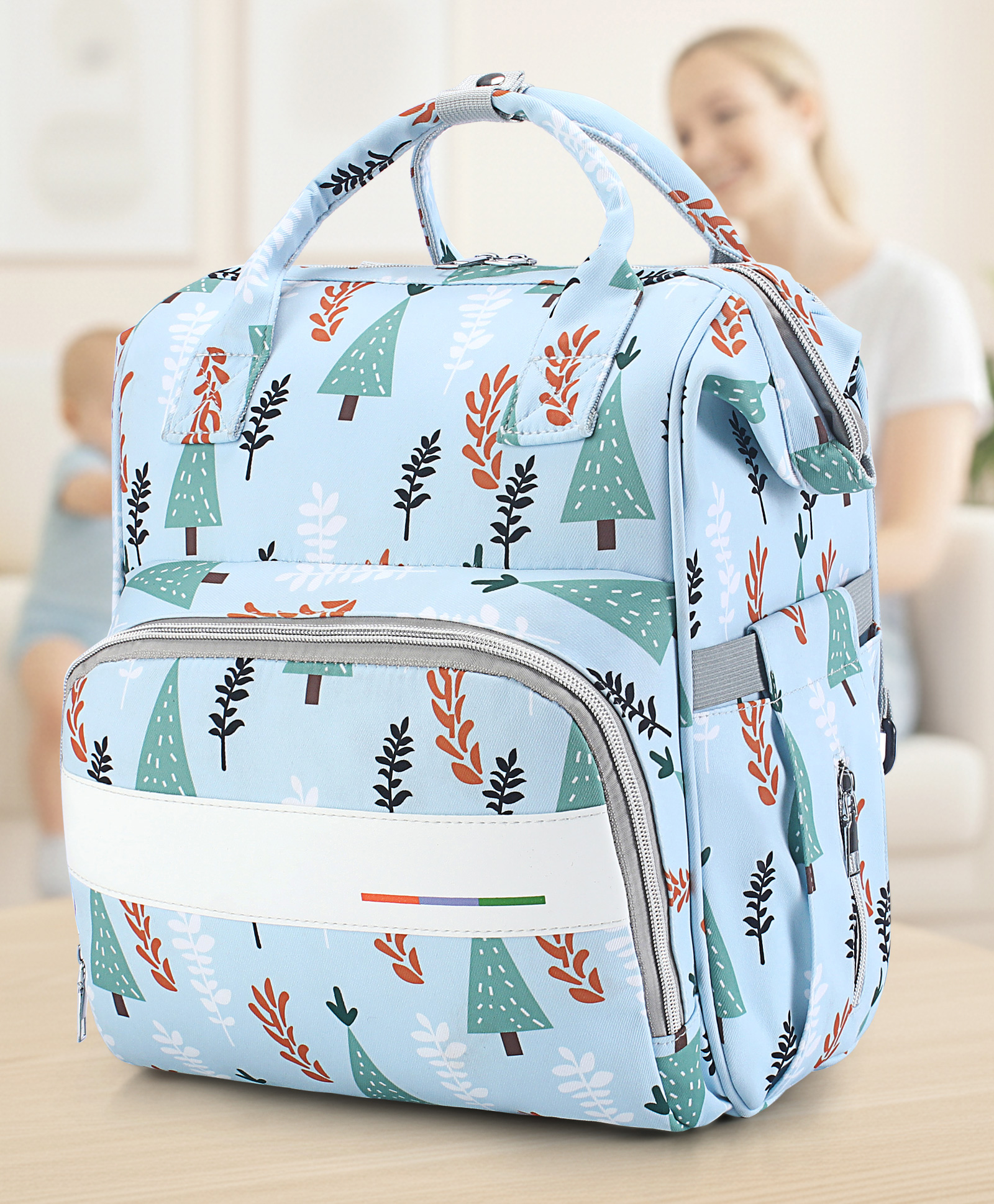 Multi-storage Diaper Backpack with Trees Print Travel Friendly - Blue-image-4