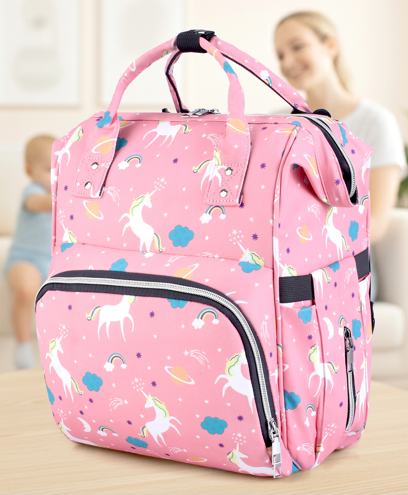 Multi-storage Diaper Backpack with Unicorn Print Travel Friendly - Pink-image-12