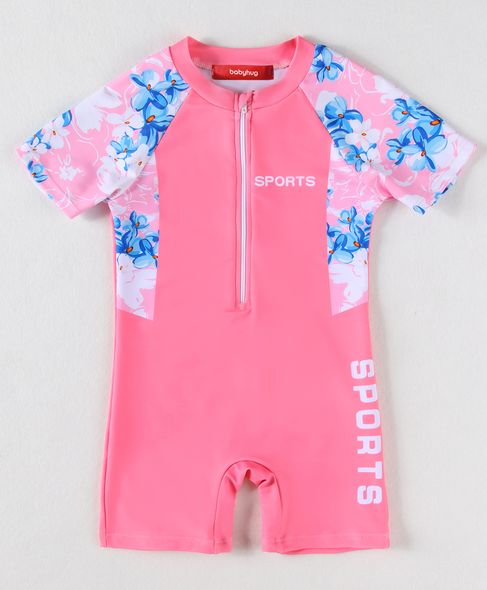 Babyhug Half Raglan SleevesLegged Swimsuit with Floral Print - Pink-image-2