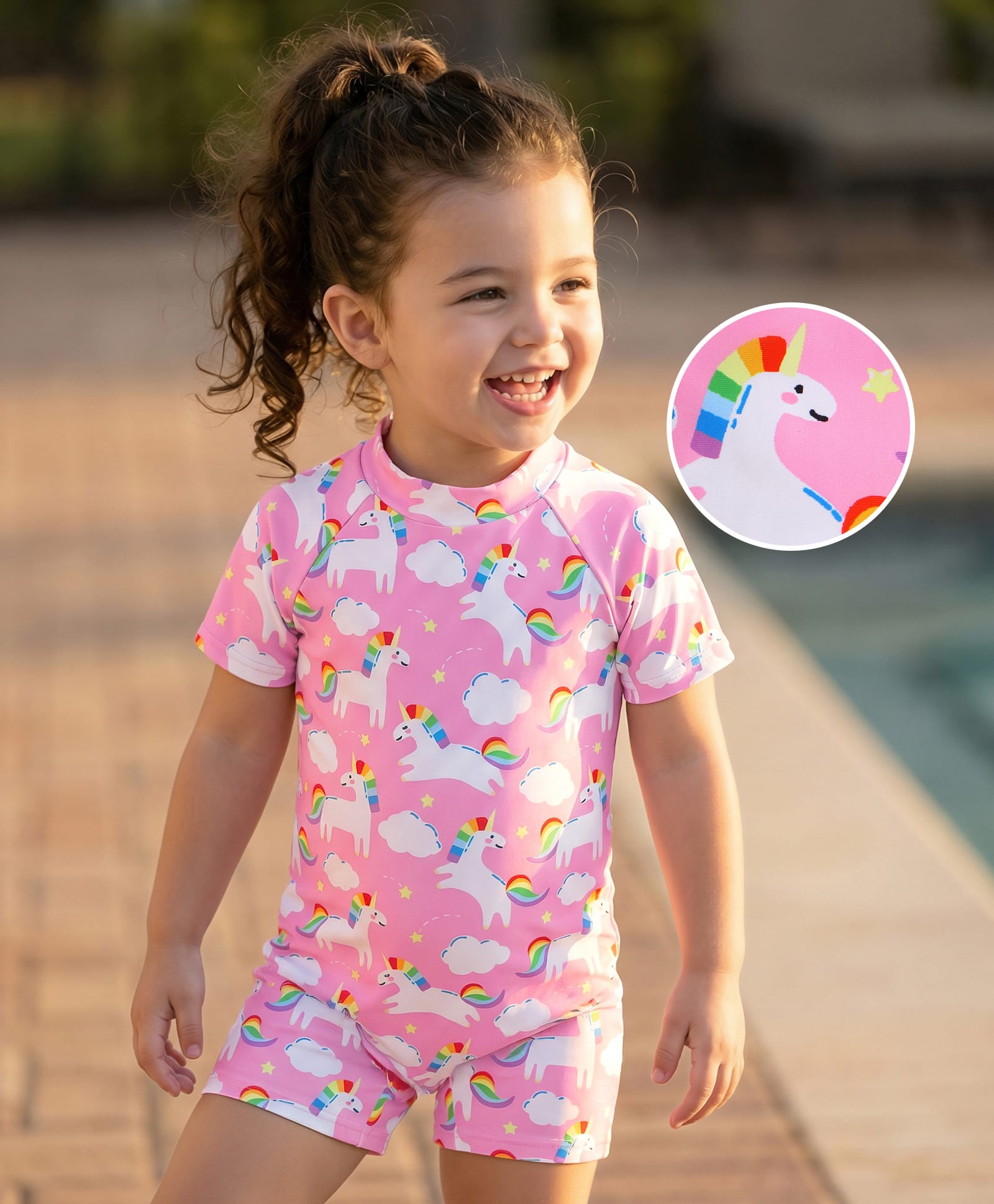 Mark & Mia Half Raglan Sleeves Legged Swimsuit with Unicorn Print - Pink