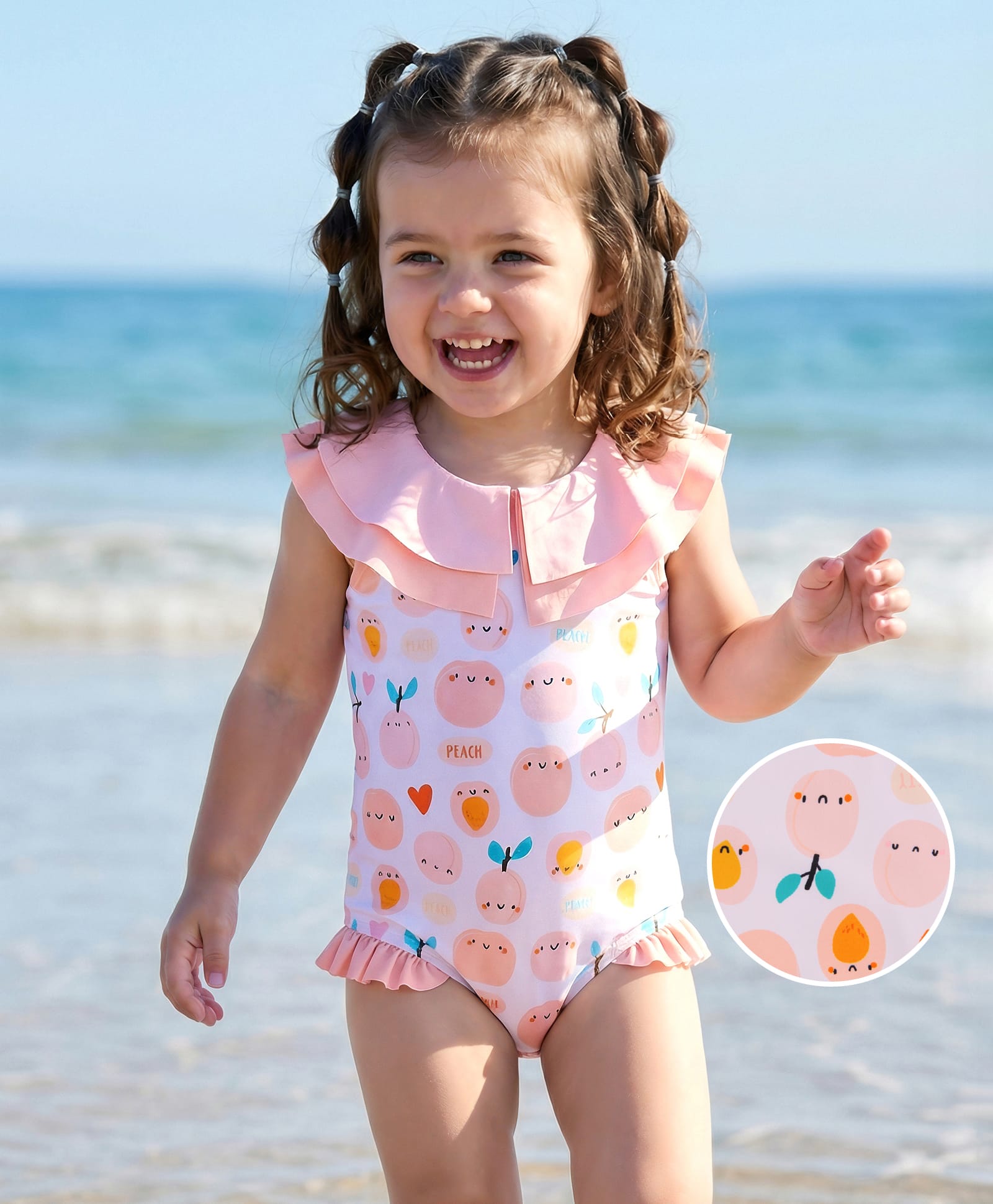 Mark & Mia Sleeveless Heart Printed V Cut Swimsuit with Frill Detailing - Peach-image-49