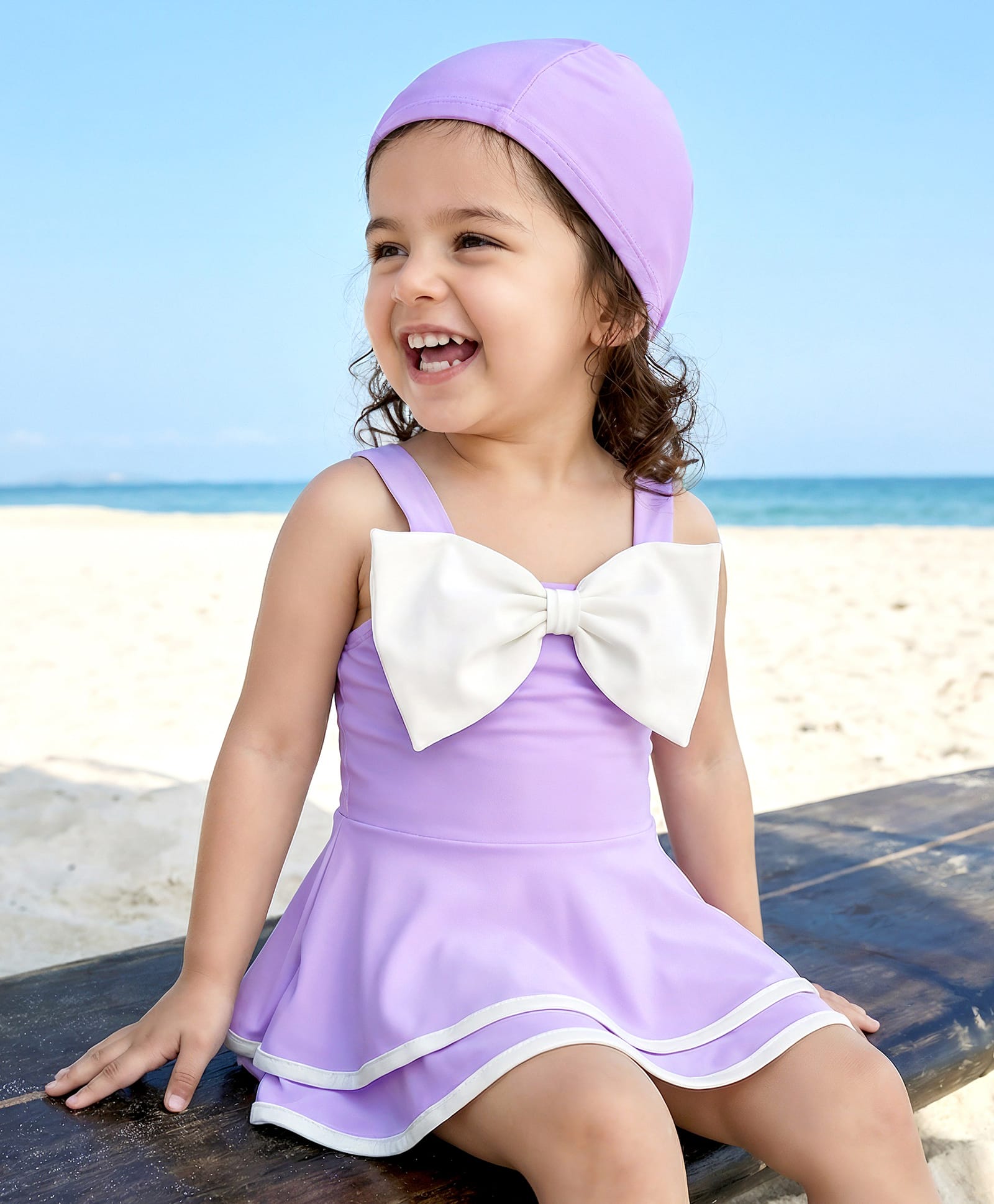 Babyhug Sleeveless Frock Swimsuit With Bow Applique & Swimming Cap - Purple-image-2