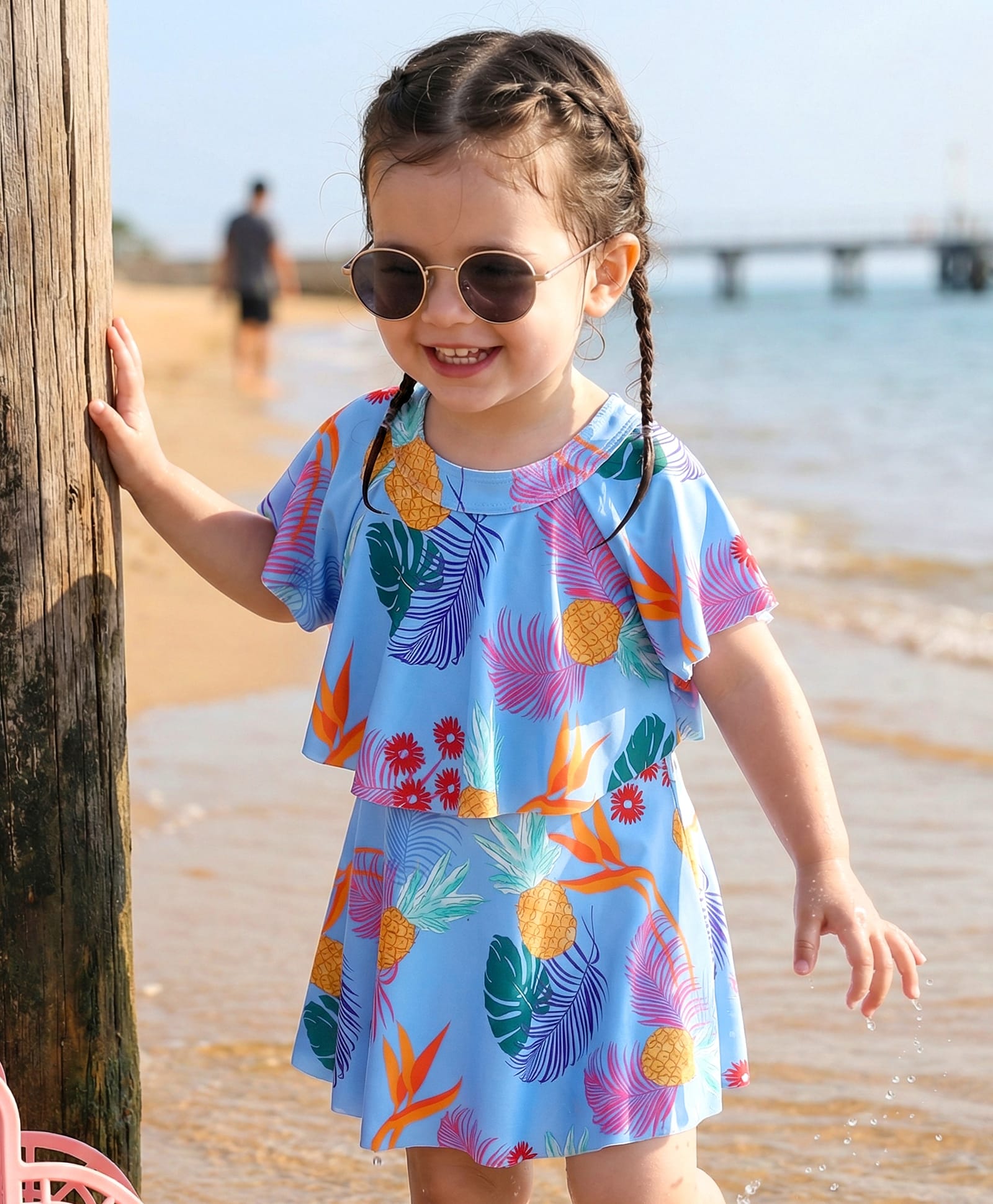 Babyhug Half Flutter Raglan Sleeves Frock Swimsuit with Floral Print - Light Blue-image-16