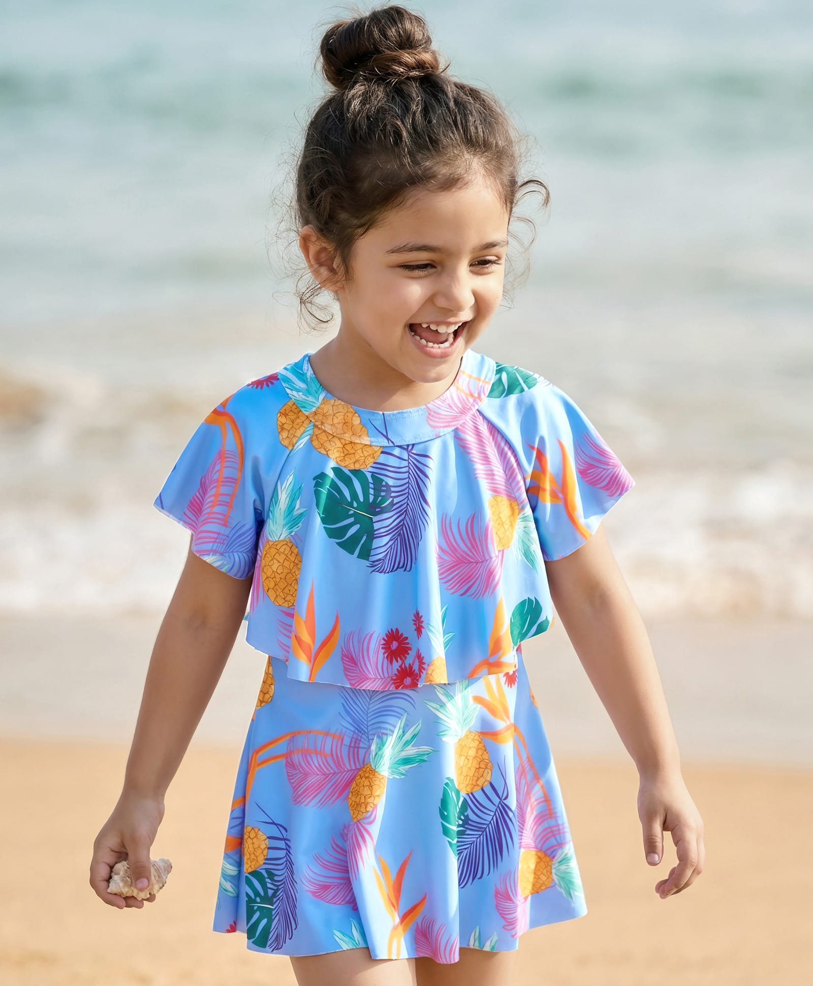 Babyhug Half Flutter Raglan Sleeves Frock Swimsuit with Floral Print - Light Blue-picture-22