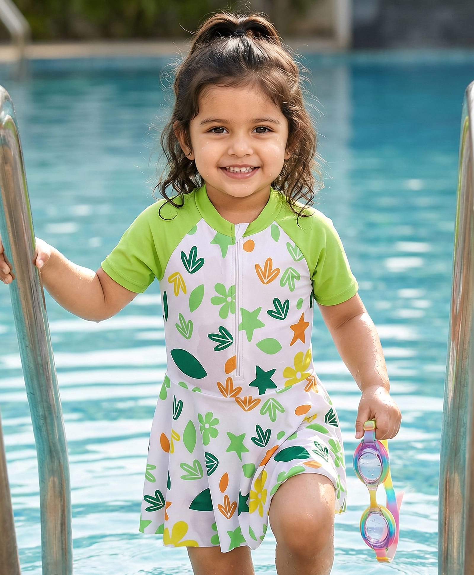 Babyhug Half Raglan Sleeves Frock Swimsuit With Floral & Leaf Print - Green & White-image-34