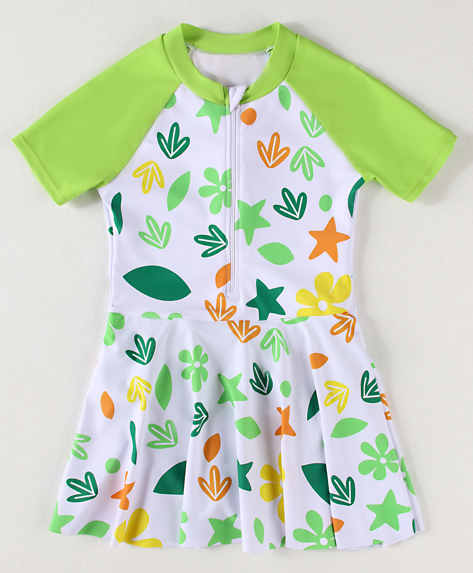 Babyhug Half Raglan Sleeves Frock Swimsuit With Floral & Leaf Print - Green & White-image-34