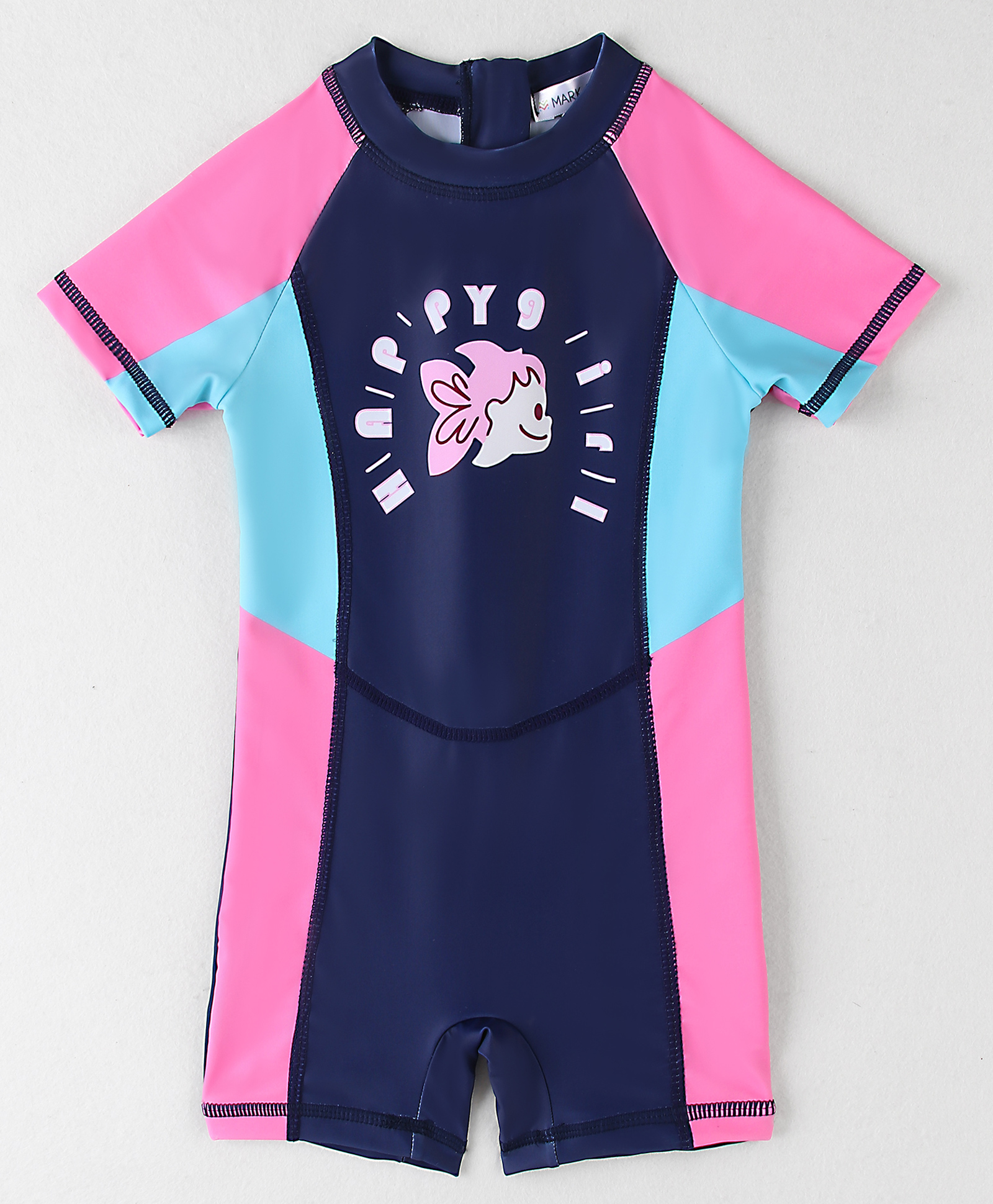 Mark & Mia Half Raglan Sleeves Printed Legged Swimsuit With Fish Print & Color Block Design - Navy Blue-image-46