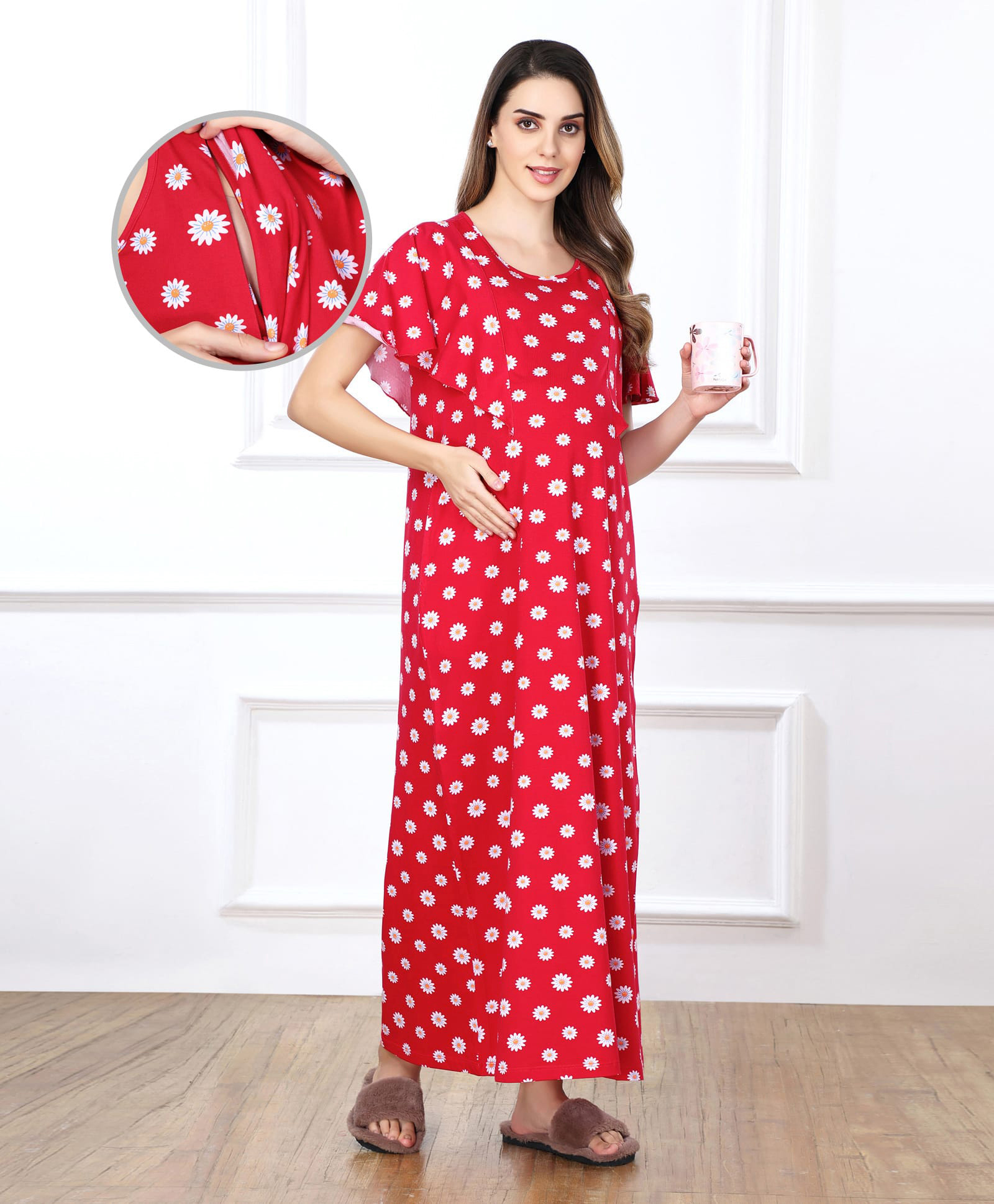 Bella Mama Cotton Knit Half Sleeves Concealed Zipper Floral Print Nighty - Red-image-41