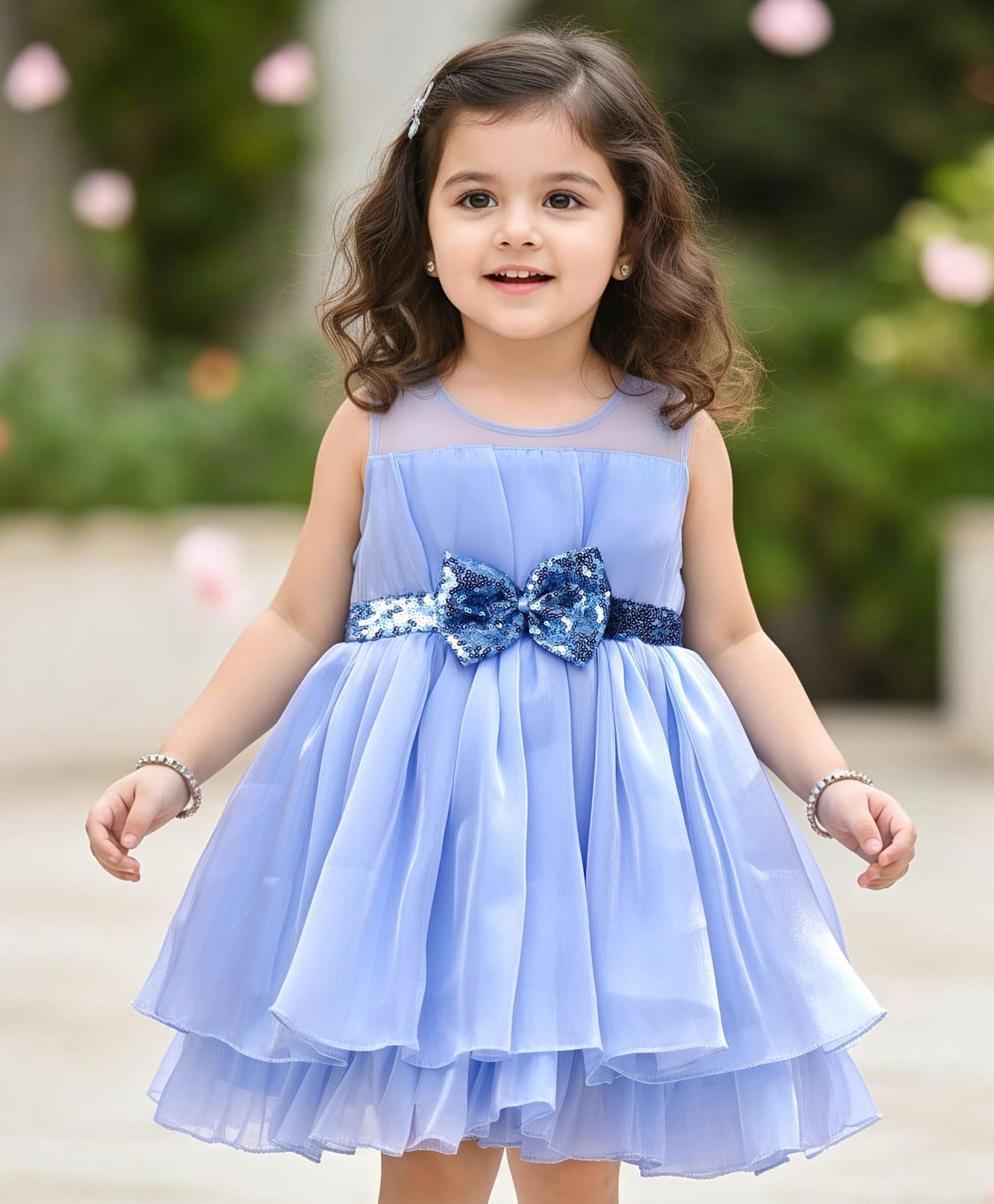 Babyhug Woven Sleeveless Fit & Flare Party Dress with Bow Applique & Sequins Detailing - Light Blue-image-40